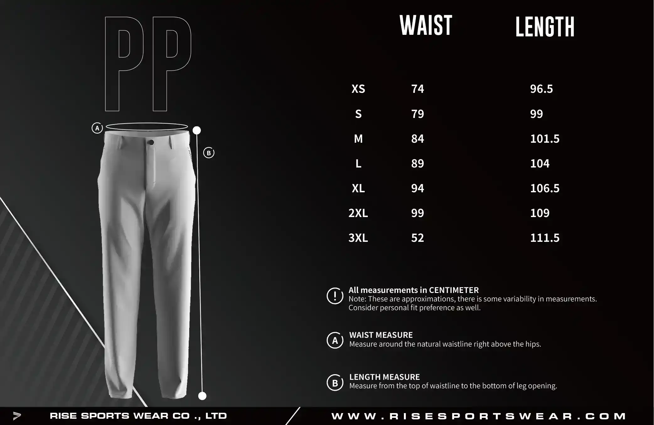 Adult size chart of golf casual straight five pocket performance pants 2.0 for men