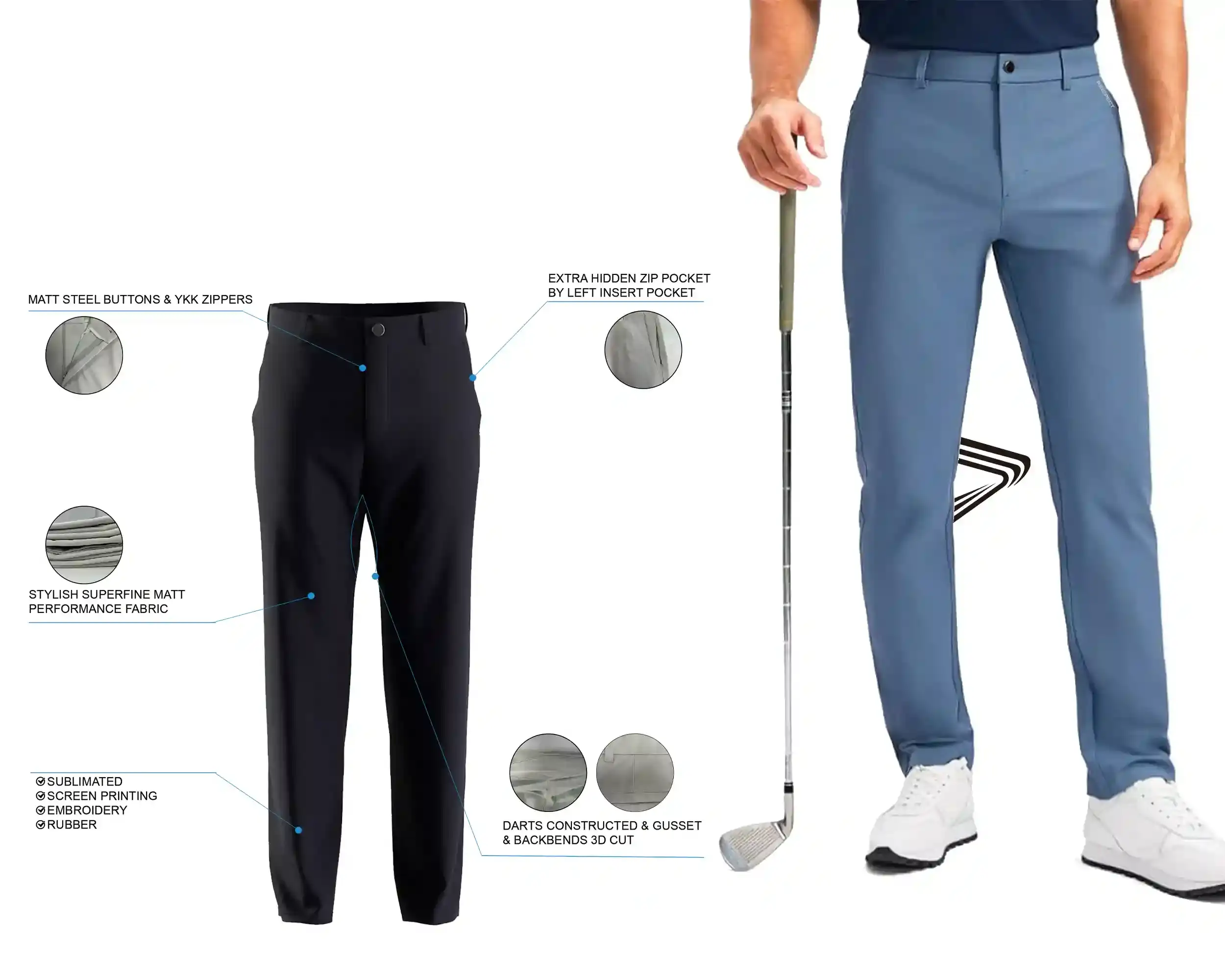 Men's Golf Pants Straight Fit 5-pocket Black: features and male model upper body front view