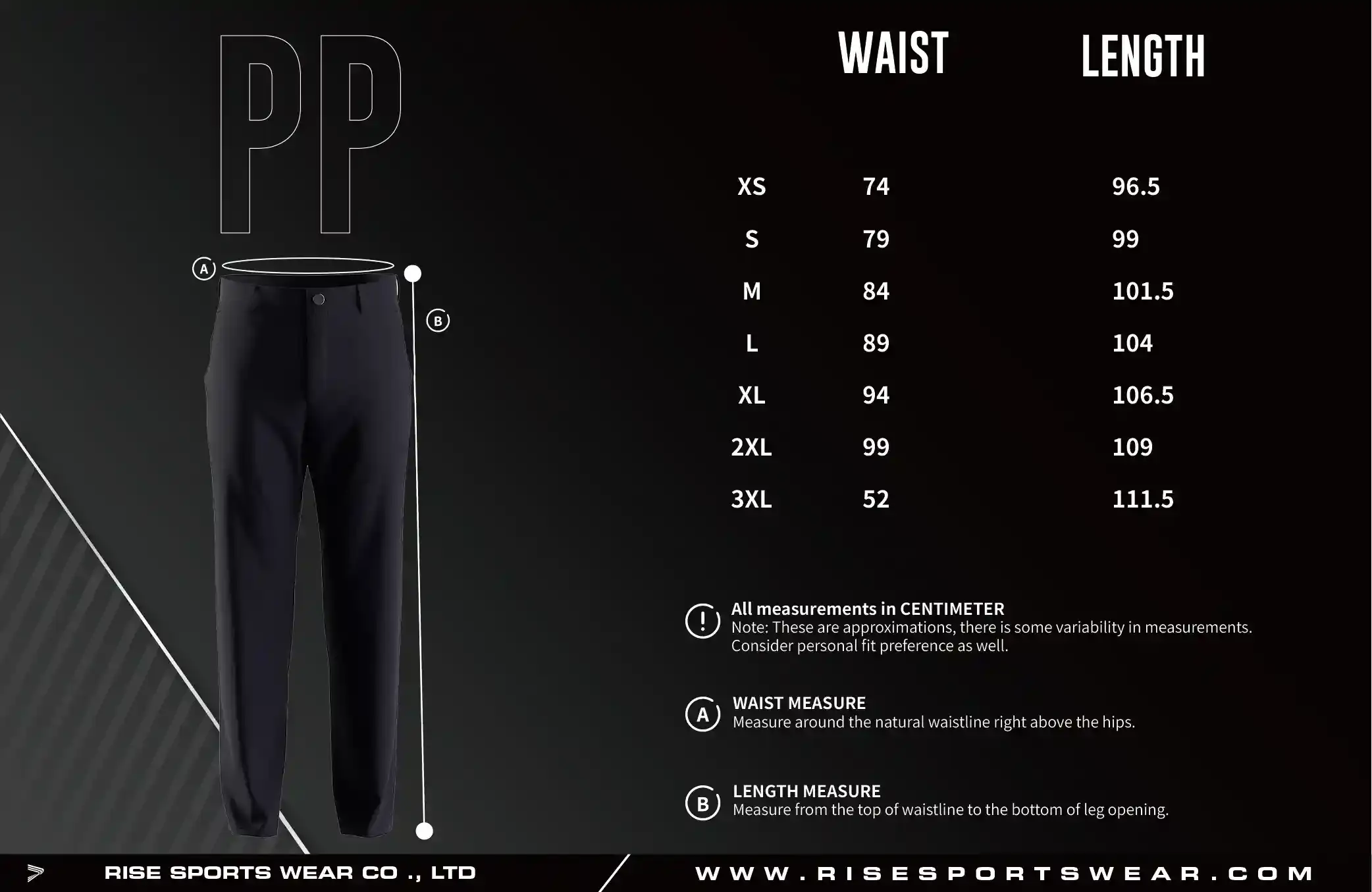 Adult size chart of golf casual straight five pocket performance pants 2.0 for men