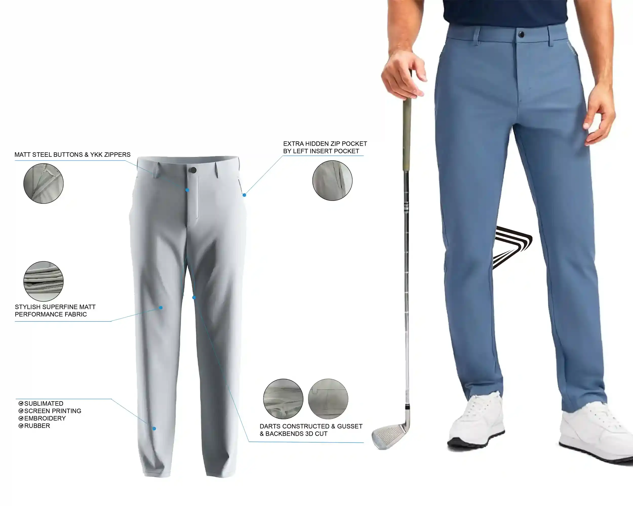 Ash Gray Golf Pants for Men: features and male model upper body front view