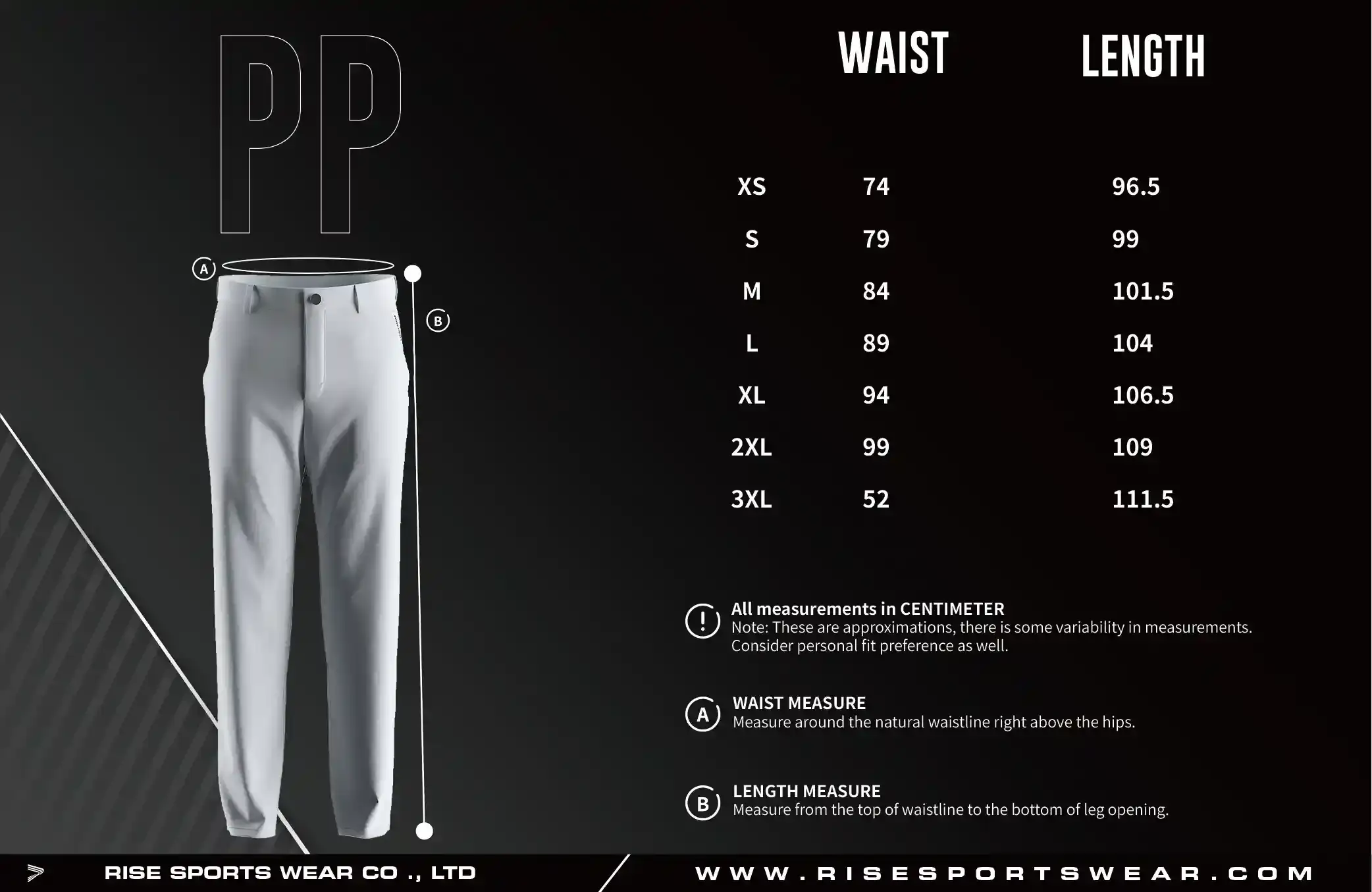 Adult size chart of golf casual straight five pocket performance pants 2.0 for men