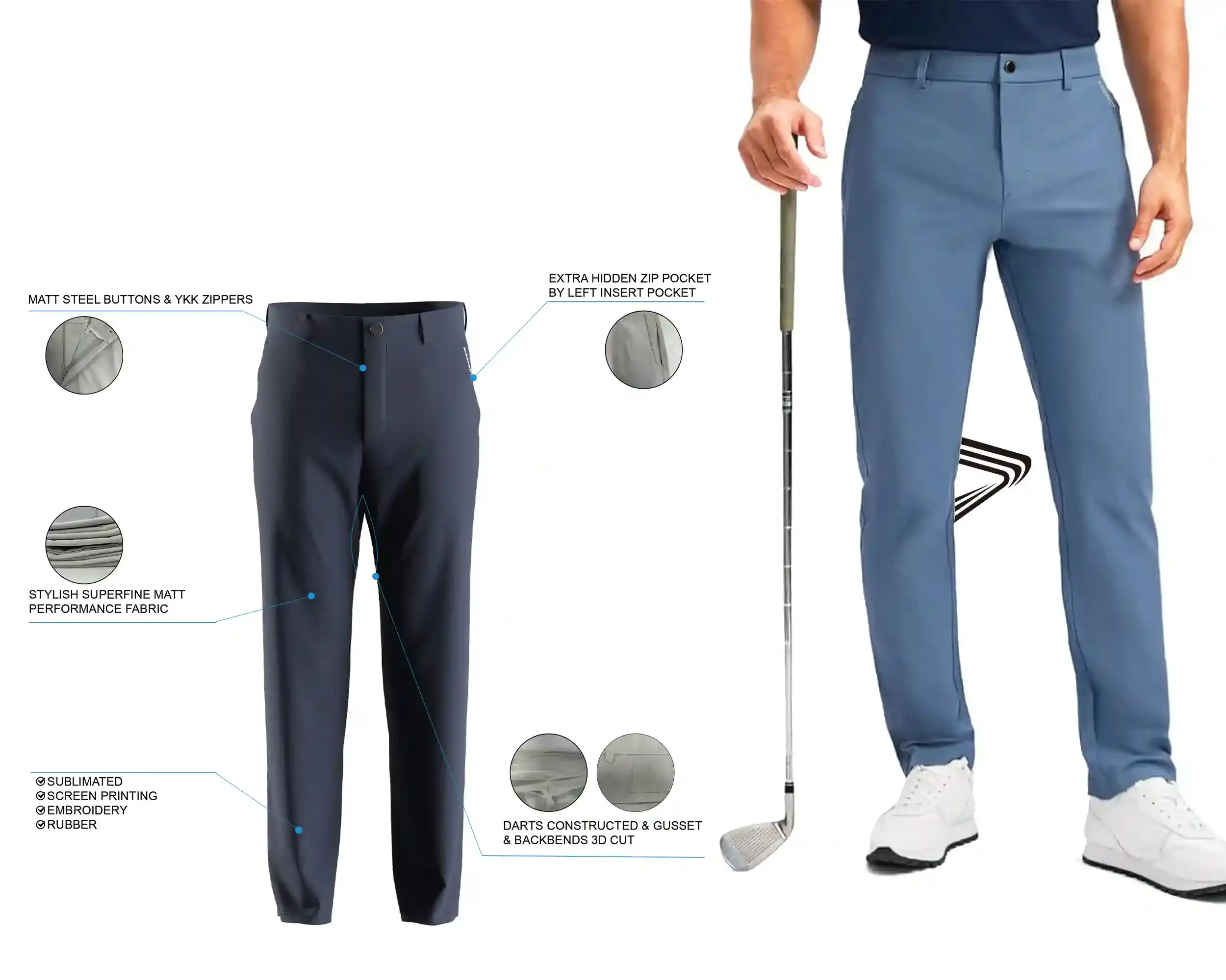 Deep Navy Golf Pants for Men Straight Fit Style: features and male model upper body front view