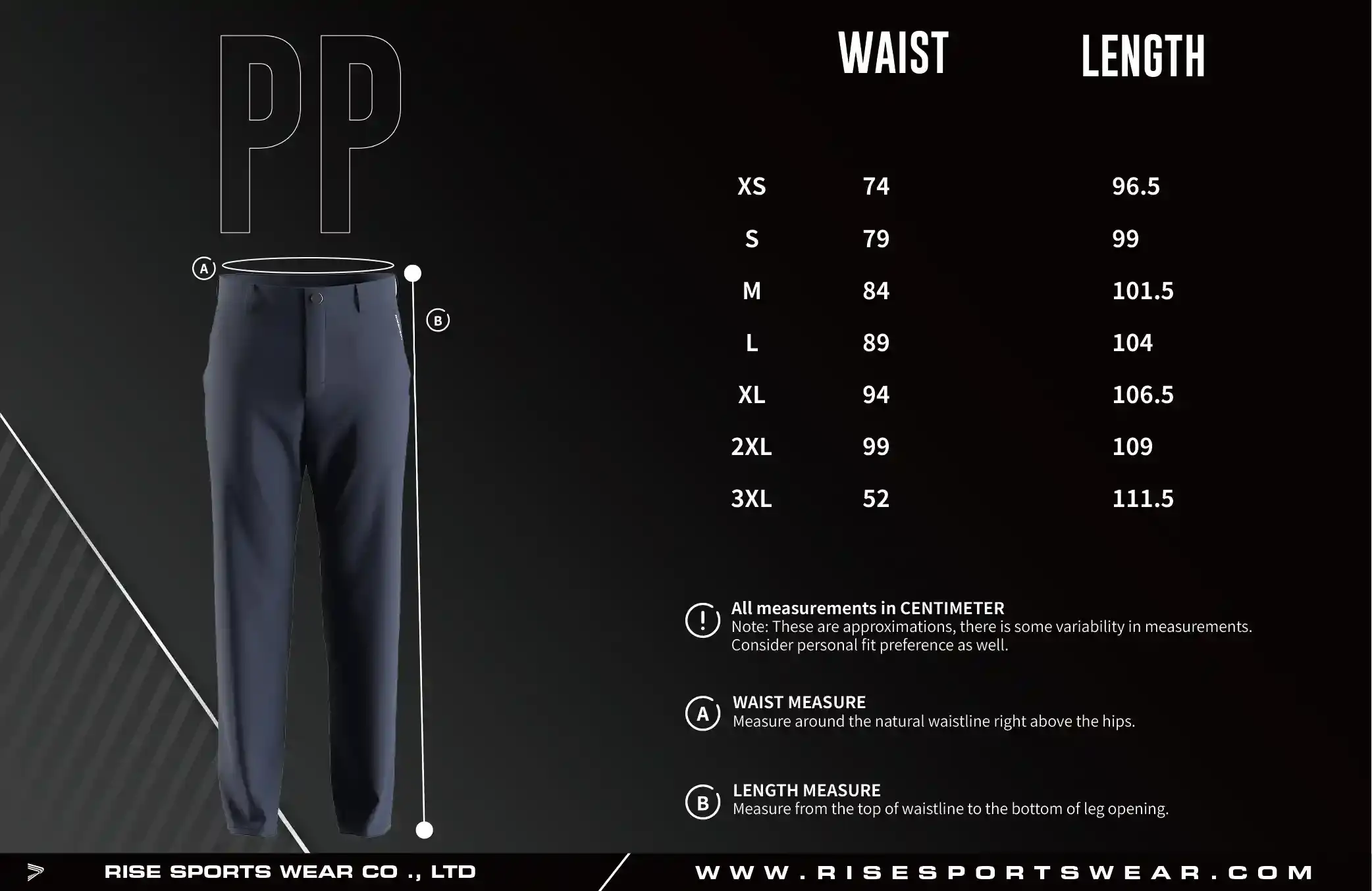 Adult size chart of golf casual straight five pocket performance pants 2.0 for men