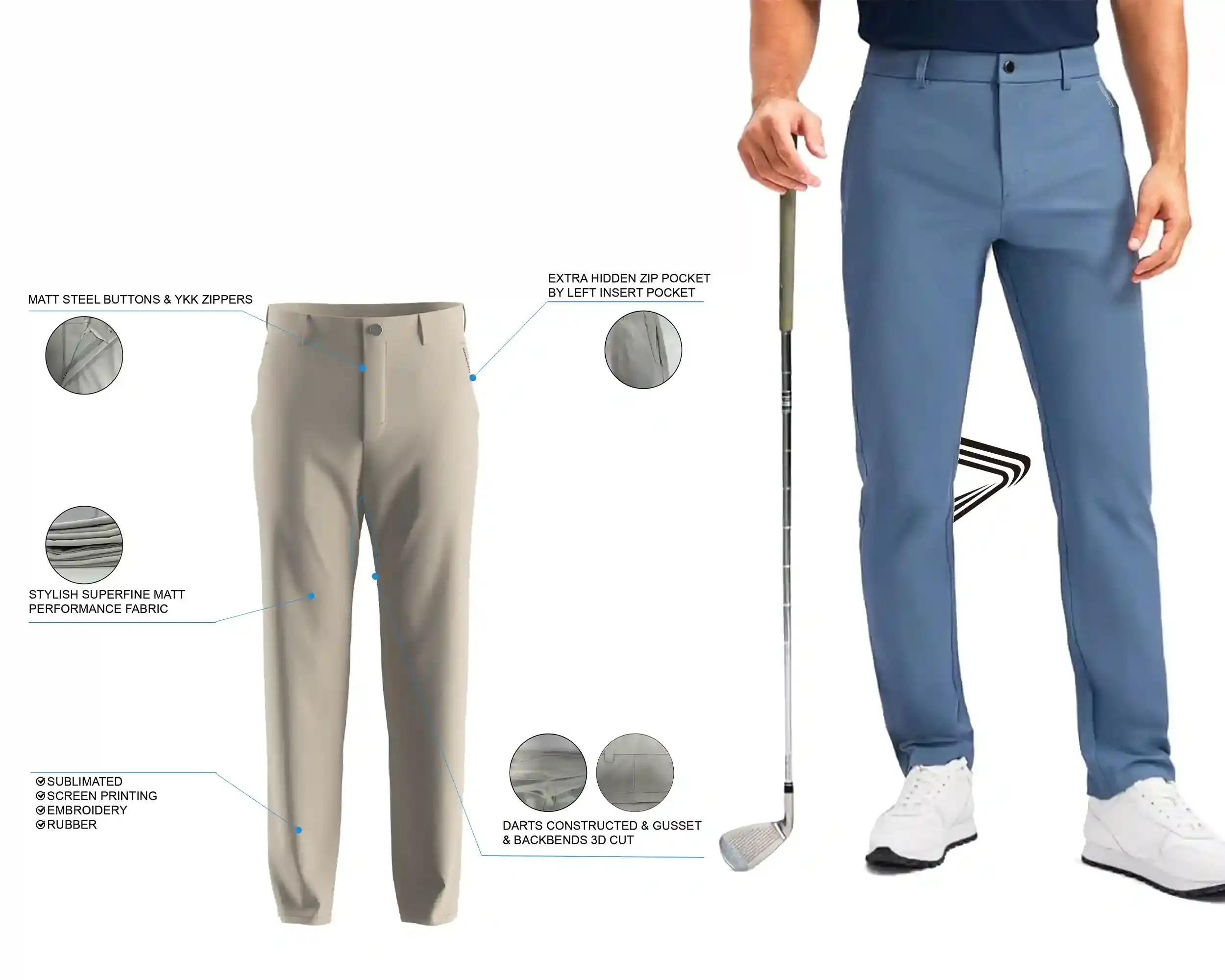 Khaki Men's Golf Pants Straight Leg 5-pocket Design: features and male model upper body front view