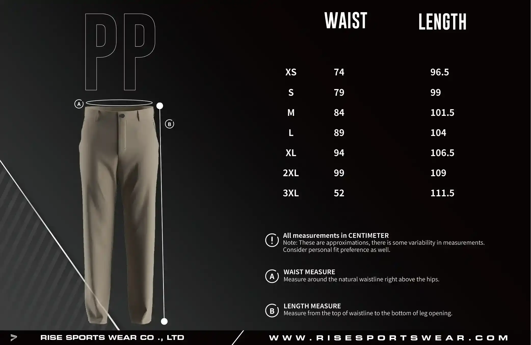 Adult size chart of golf casual straight five pocket performance pants 2.0 for men