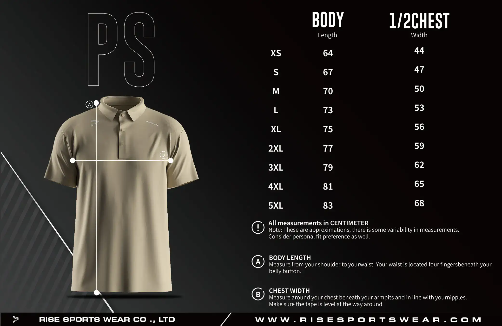 Men Size Chart of Golf Short Sleeve 3-Button Polo with Heat Glue Tech