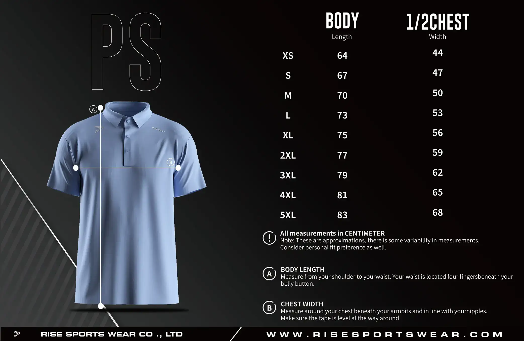 Men Size Chart of Golf Short Sleeve 3-Button Polo with Heat Glue Tech