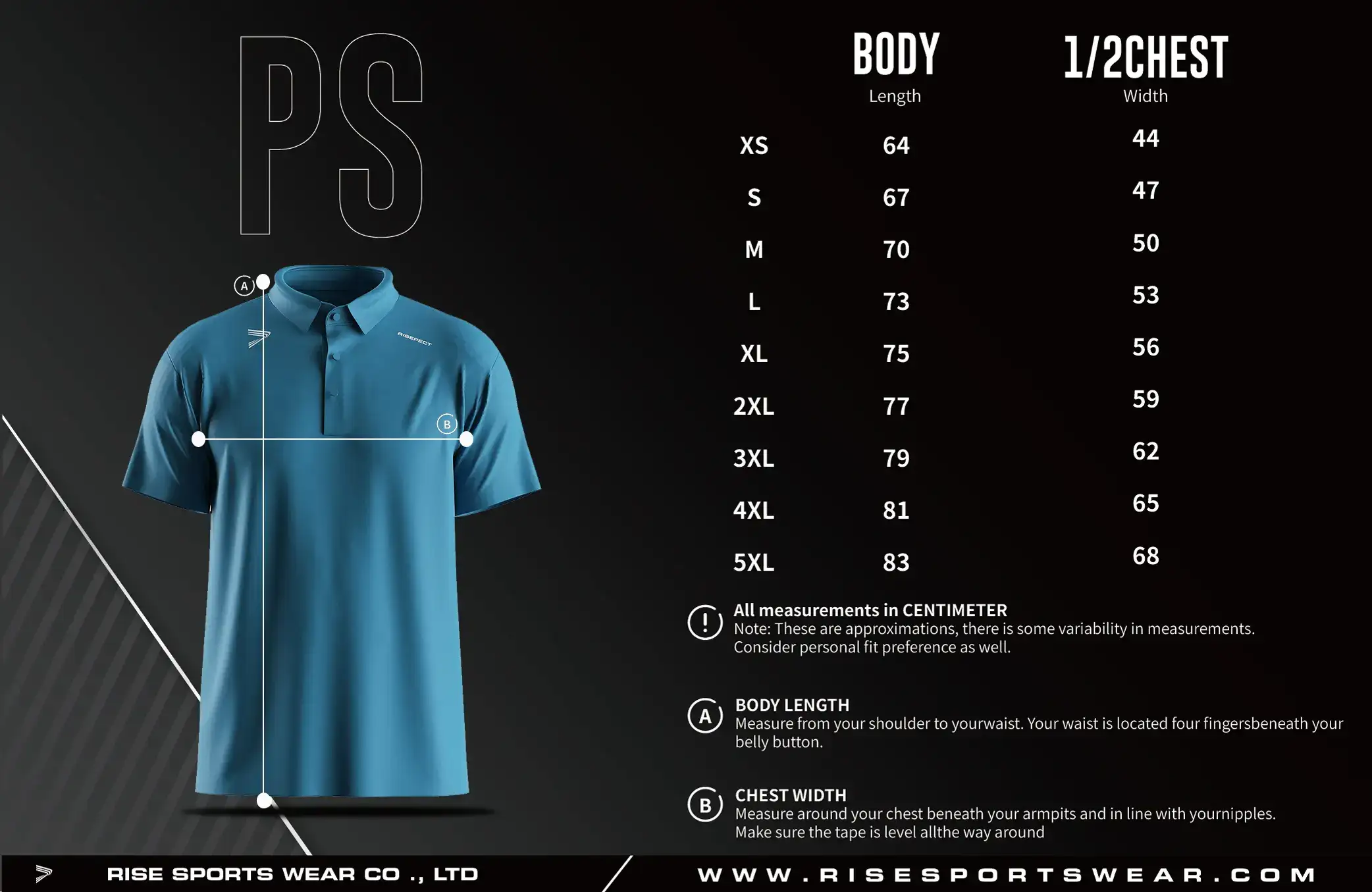 Men Size Chart of Golf Short Sleeve 3-Button Polo with Heat Glue Tech