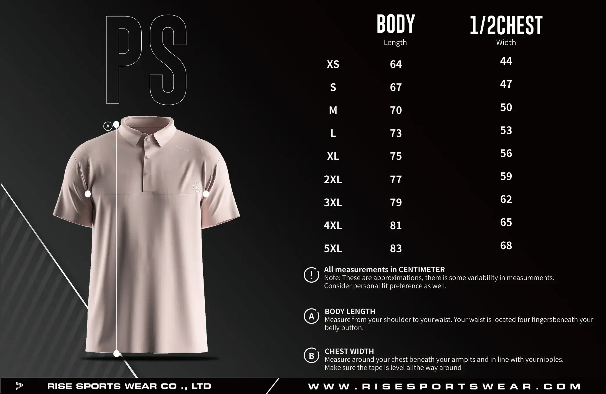 Men Size Chart of Golf Short Sleeve 3-Button Polo with Heat Glue Tech