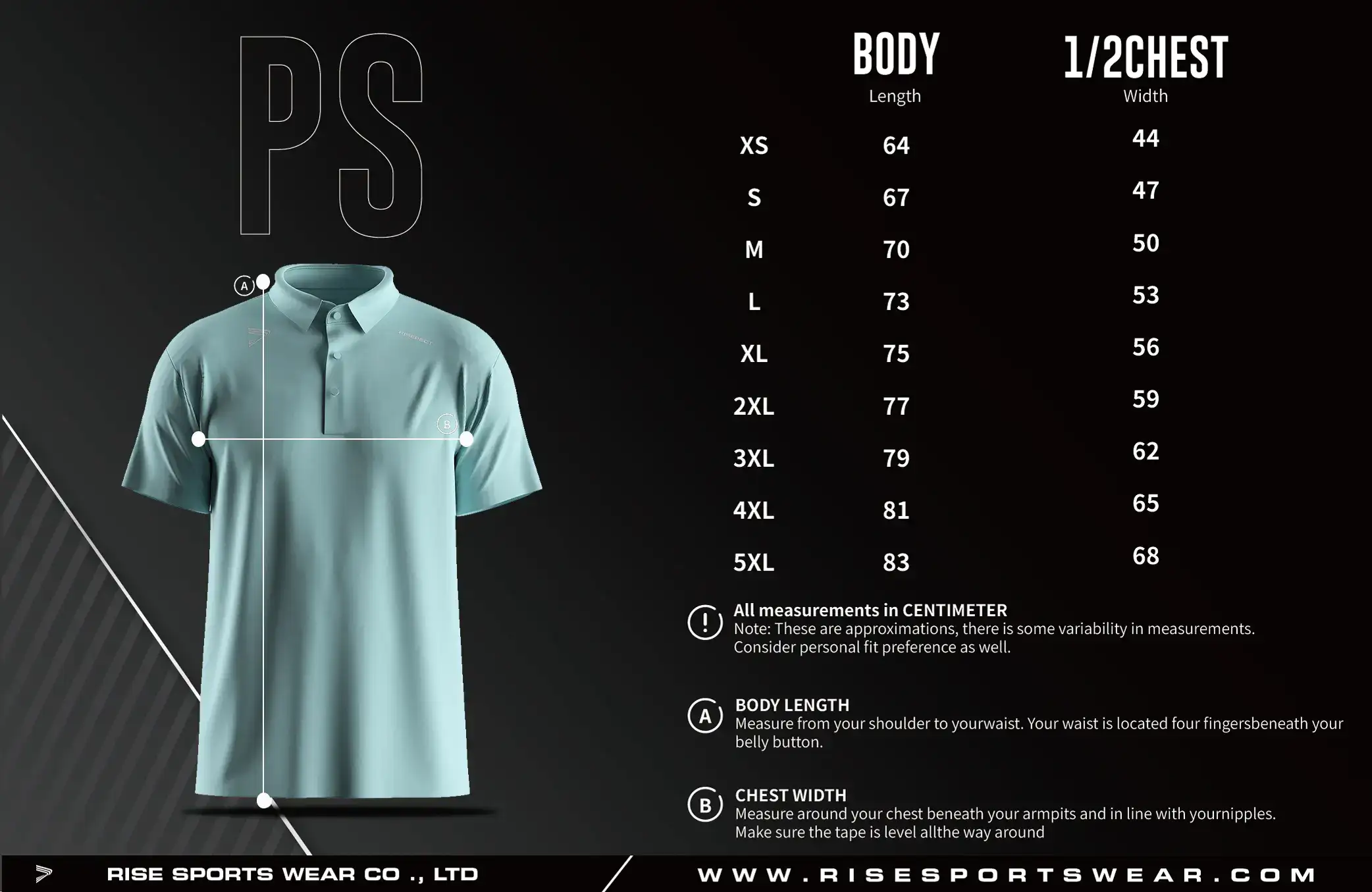 Men Size Chart of Golf Short Sleeve 3-Button Polo with Heat Glue Tech