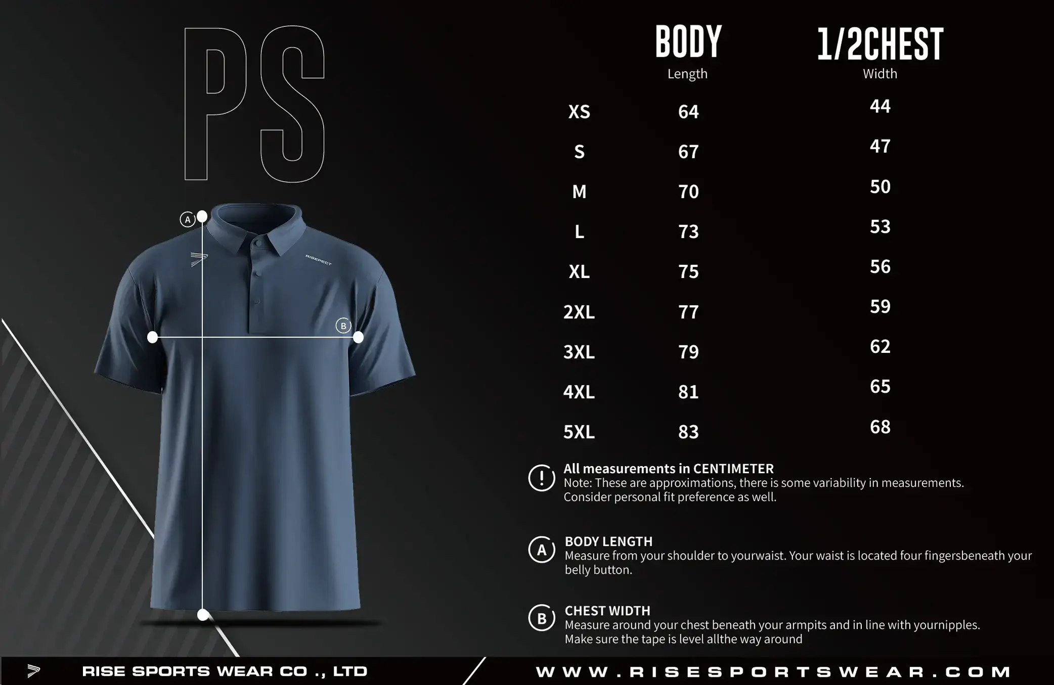 Men Size Chart of Golf Short Sleeve 3-Button Polo with Heat Glue Tech