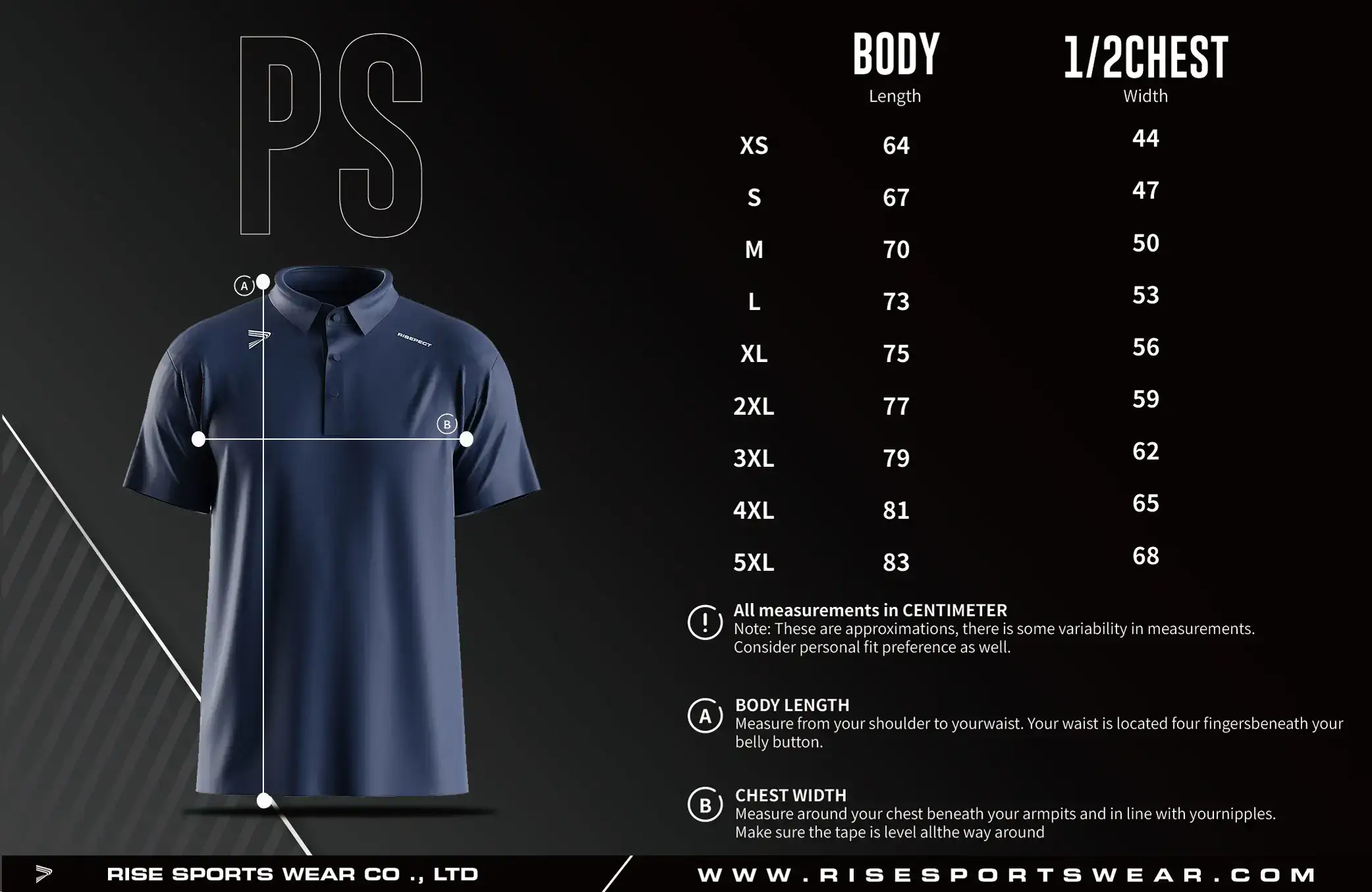 Men Size Chart of Golf Short Sleeve 3-Button Polo with Heat Glue Tech