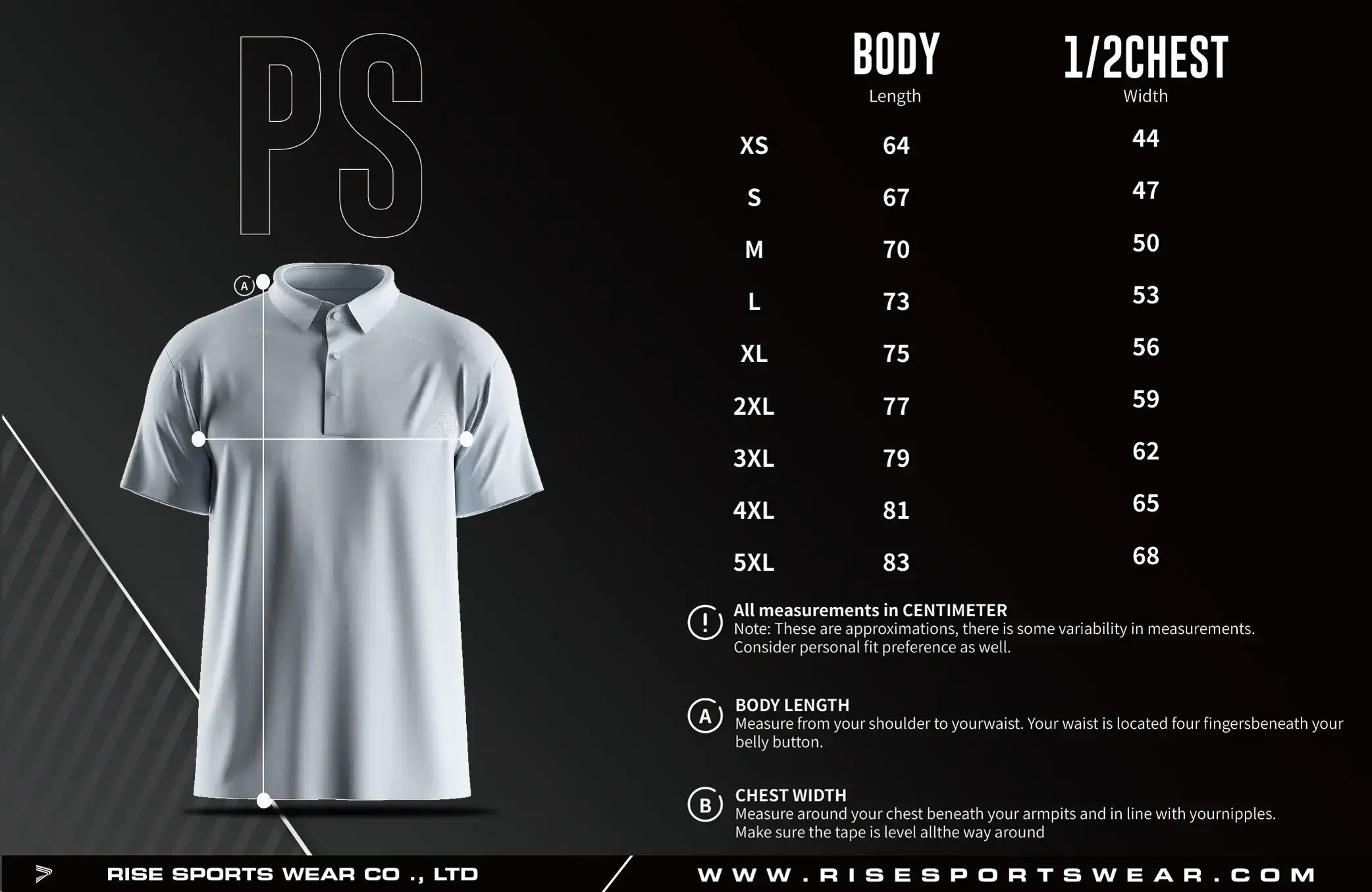 Men Size Chart of Golf Short Sleeve 3-Button Polo with Heat Glue Tech