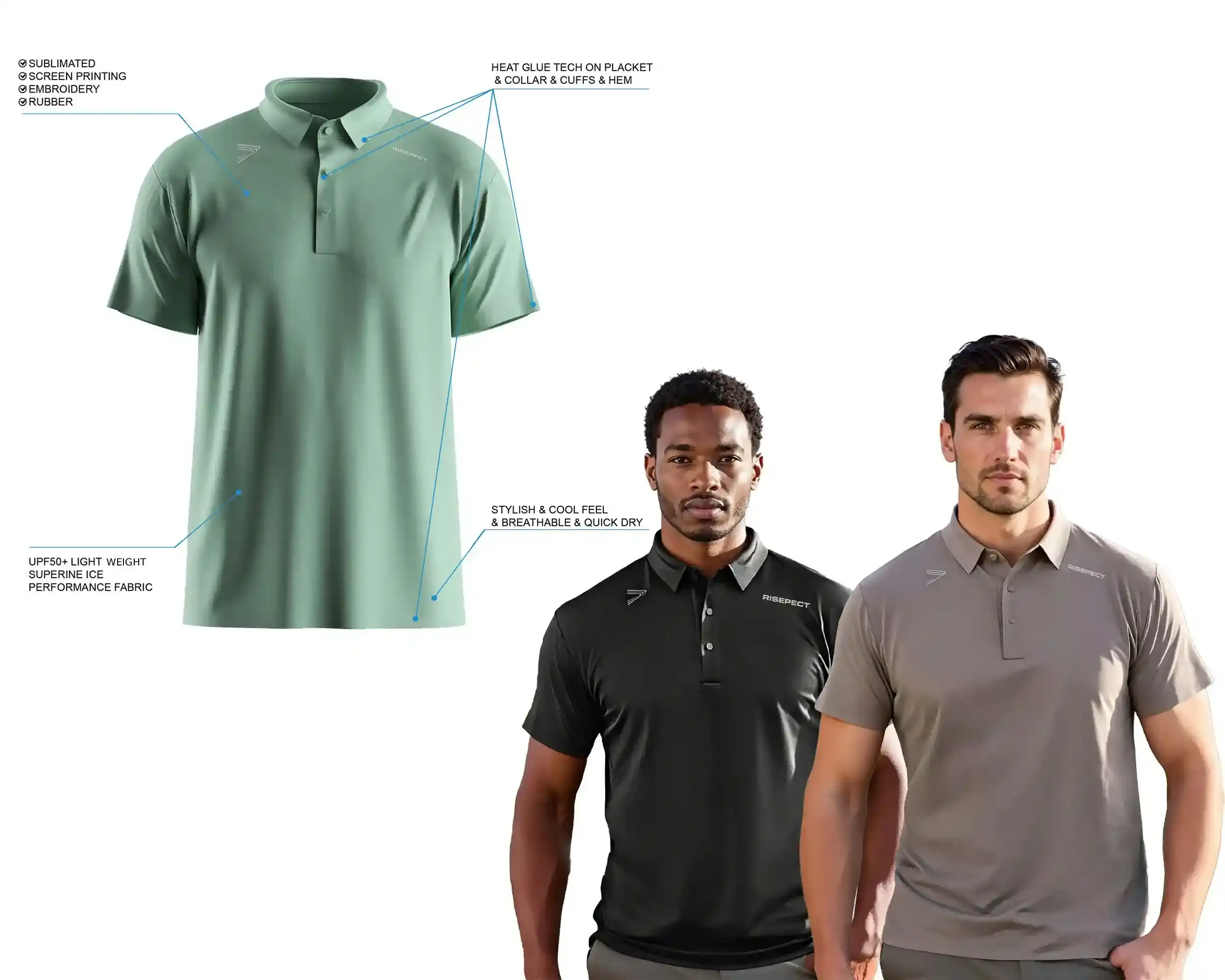 Olive Green Heat-bonded Golf Polo Shirt Short Sleeve's Details Feature