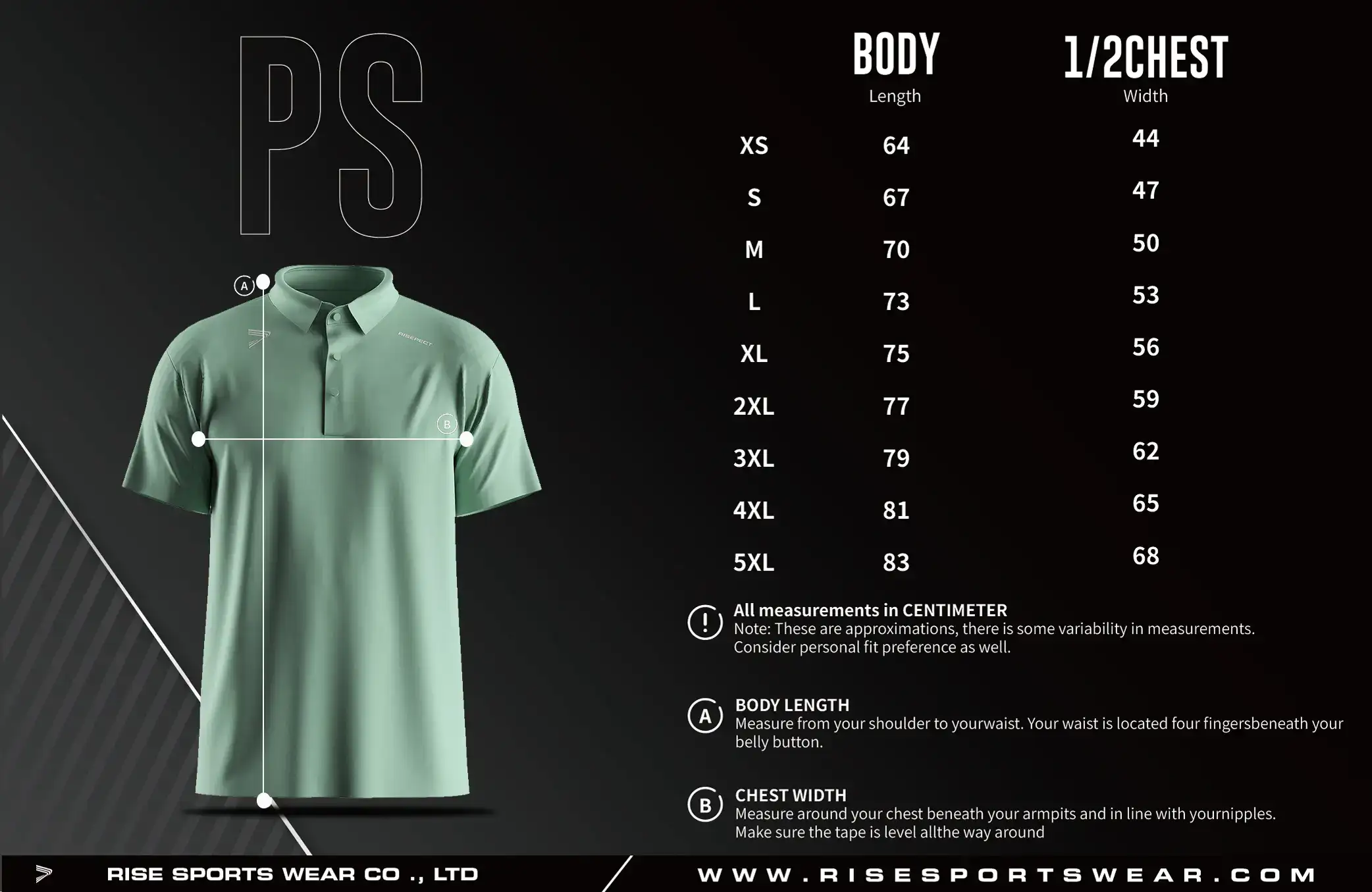 Men Size Chart of Golf Short Sleeve 3-Button Polo with Heat Glue Tech