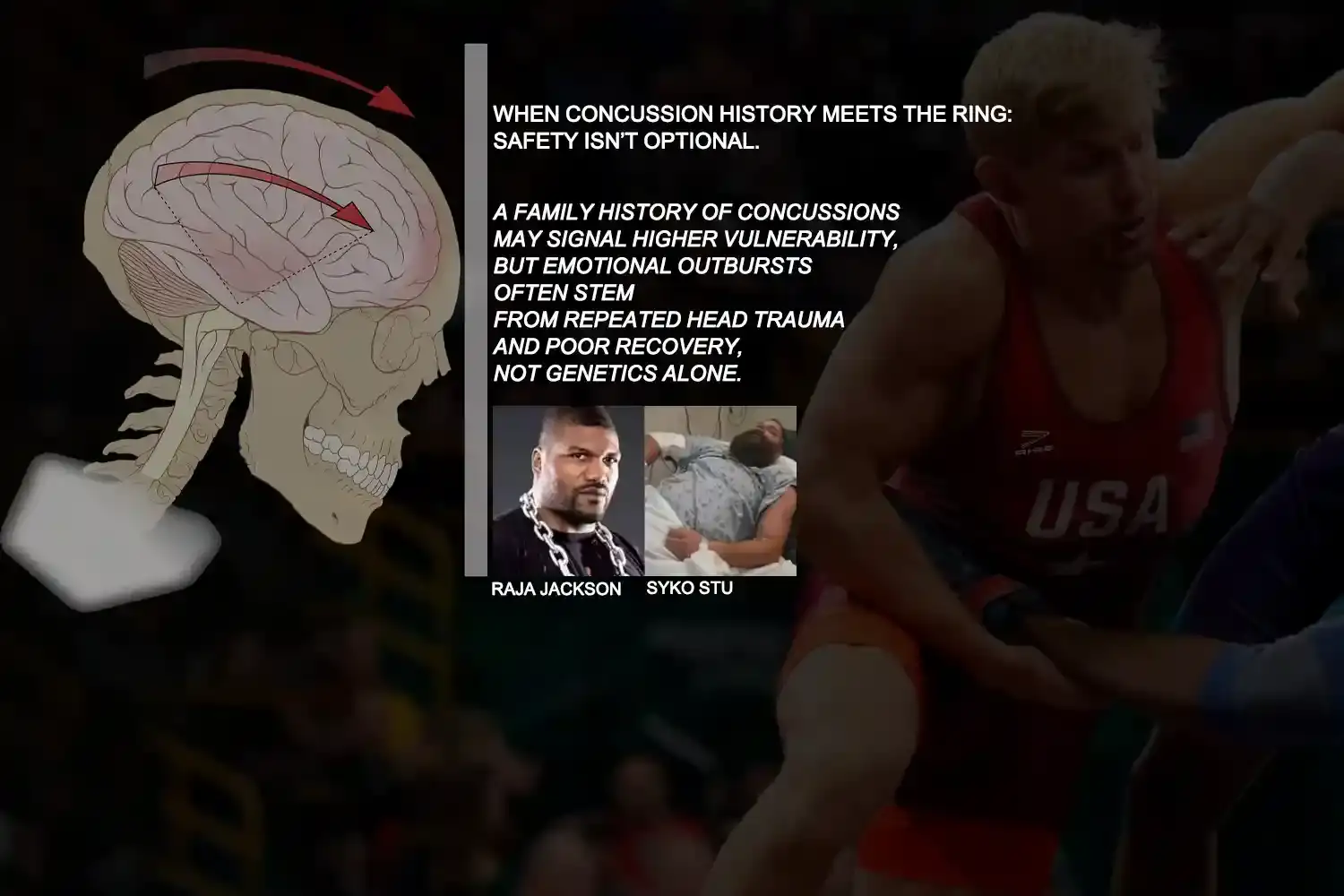 Wrestling safety concerns linked to concussion history and performance gear standards.