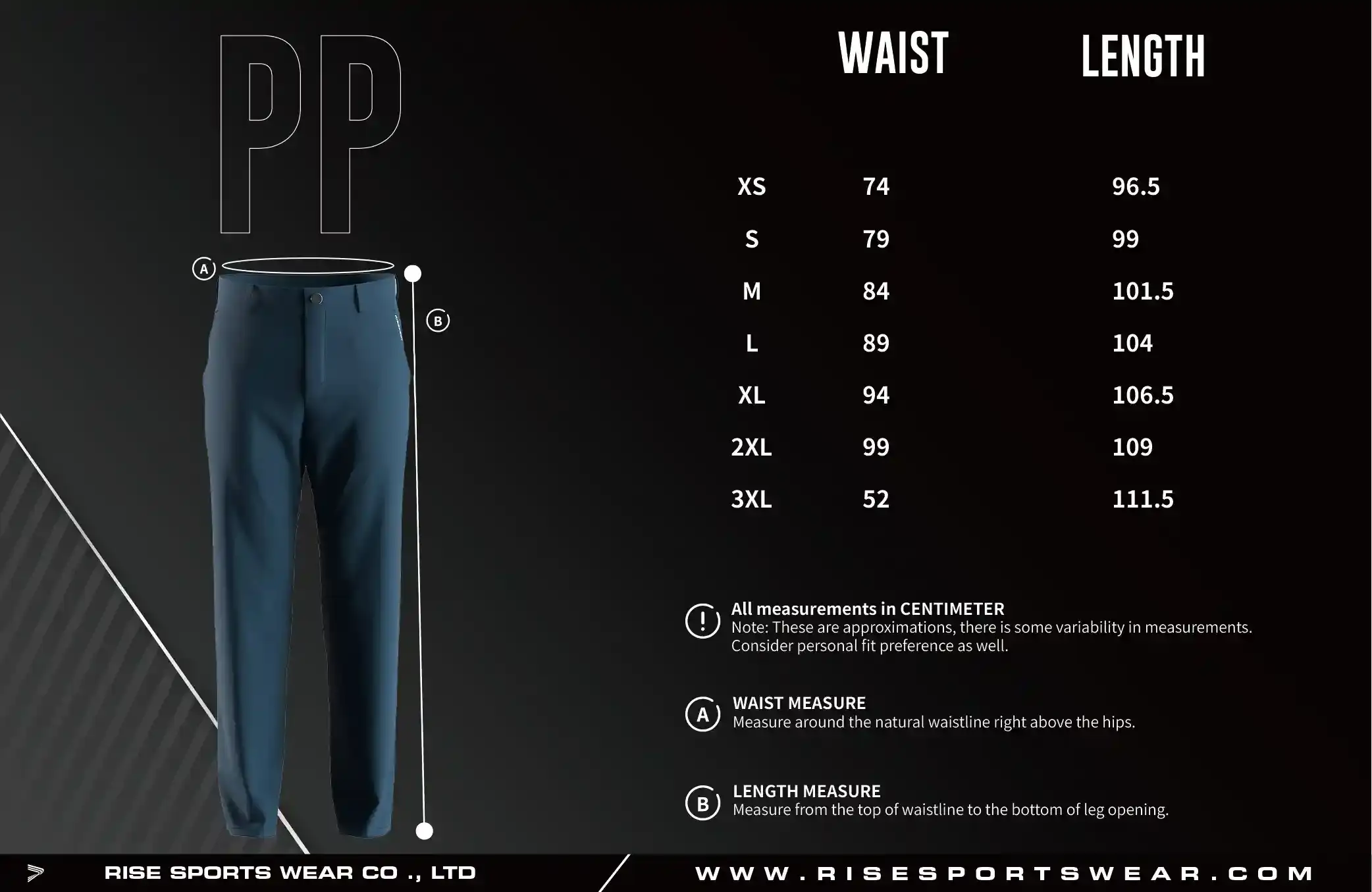 Adult size chart of golf casual straight five pocket performance pants 2.0 for men