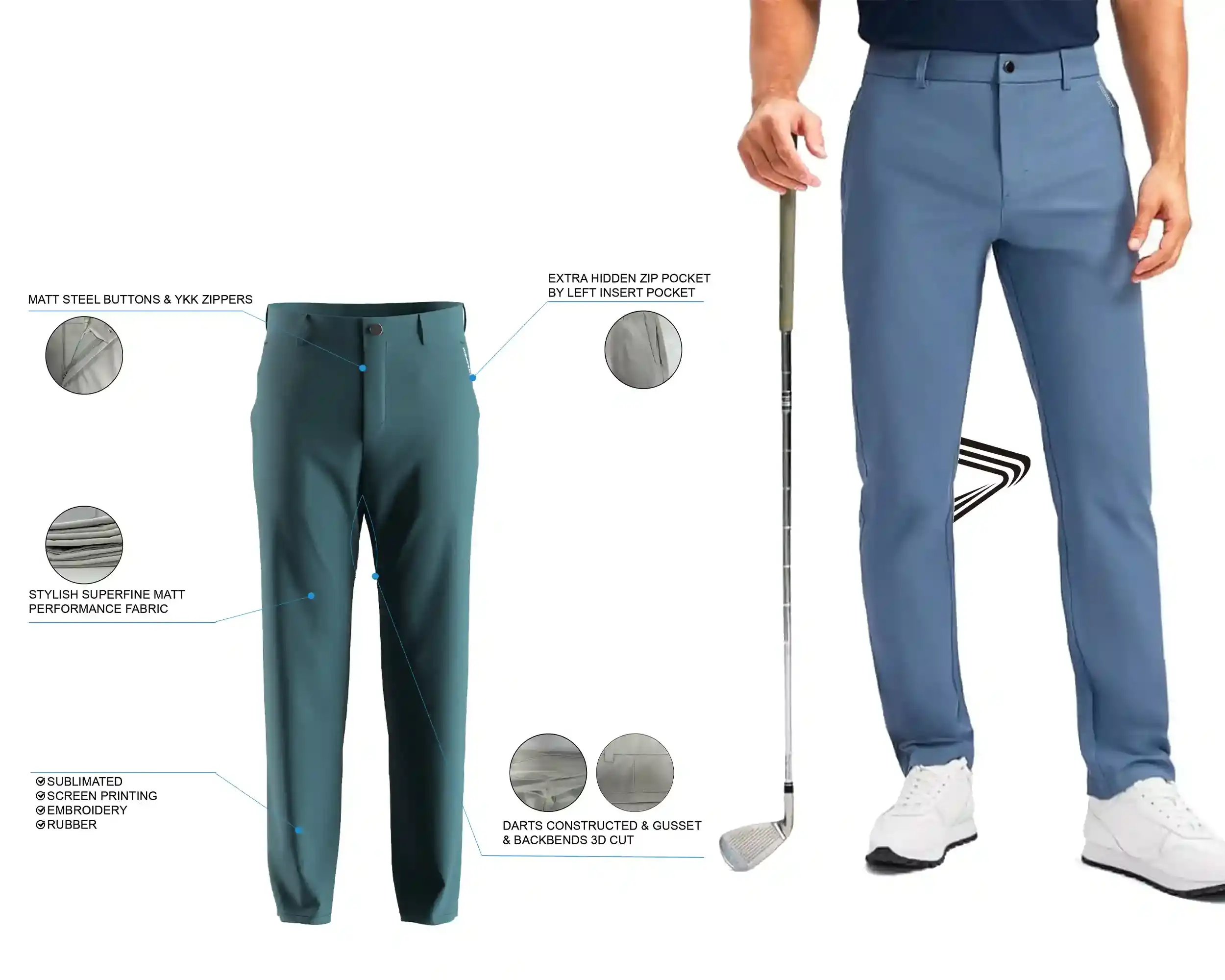 Teal Golf Pants 2.0: features and male model upper body front view