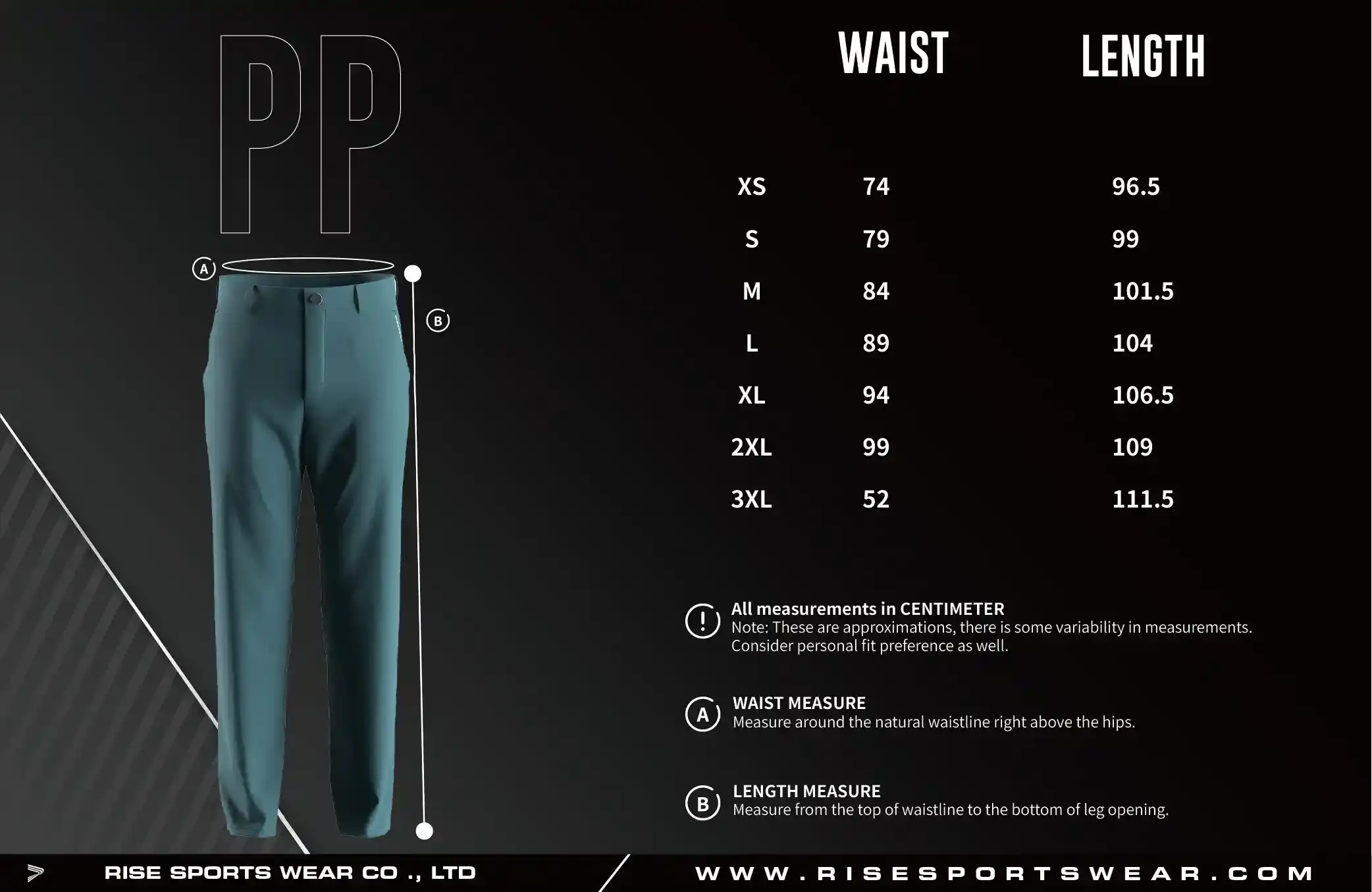 Adult size chart of golf casual straight five pocket performance pants 2.0 for men