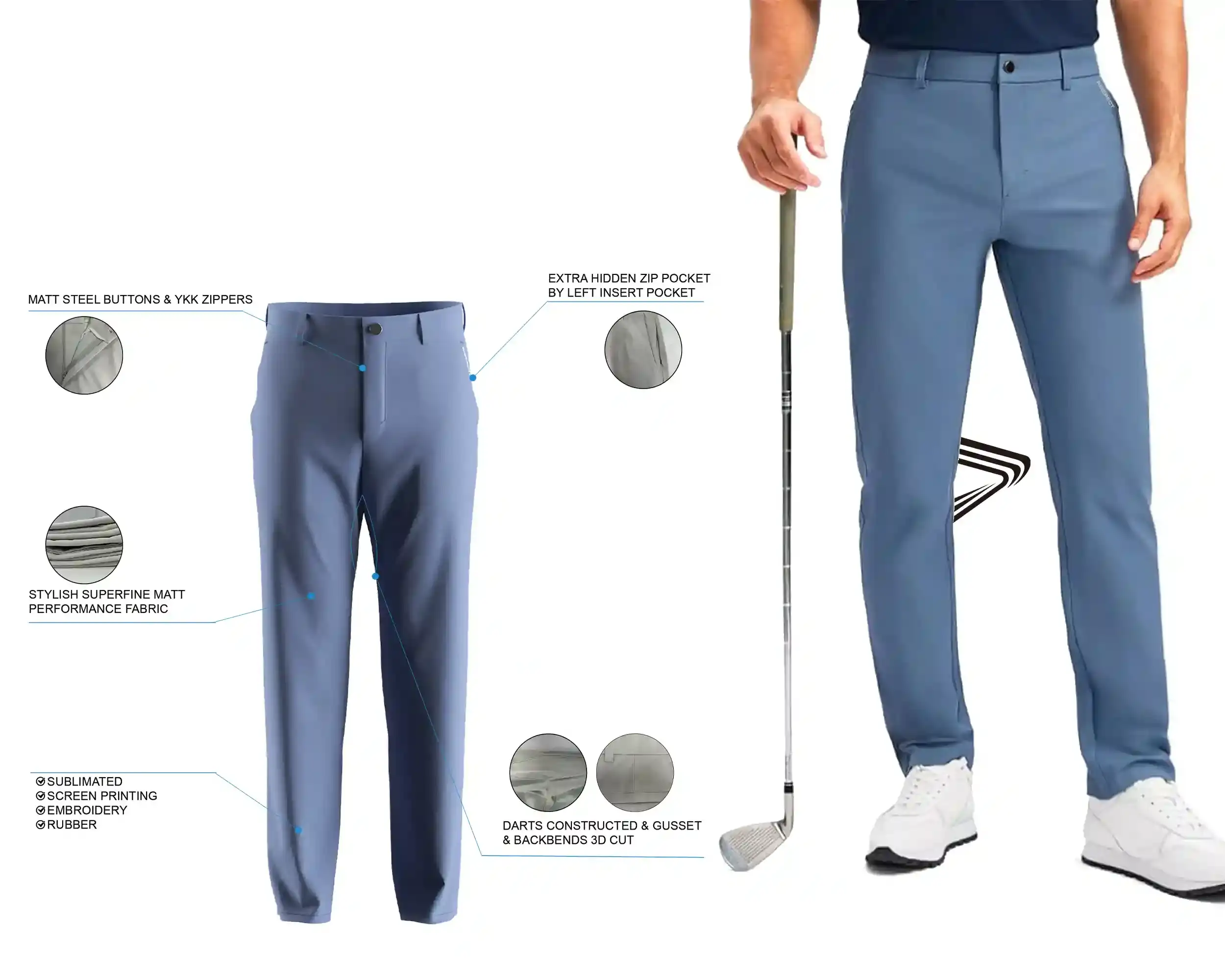 Cornflower Blue Men's Golf Pants 2.0: features and male model upper body front view