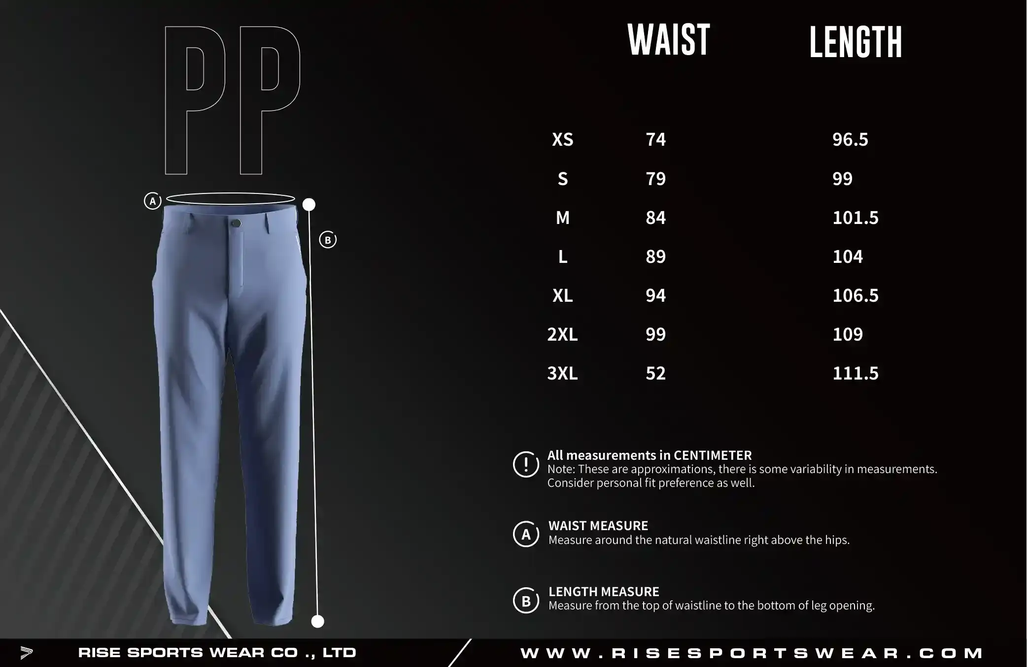 Adult size chart of golf casual straight five pocket performance pants 2.0 for men