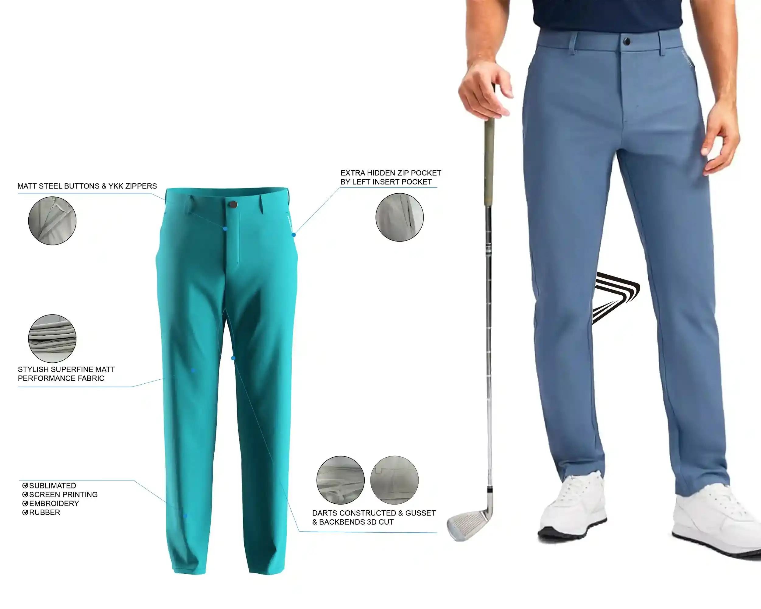Cyan Men's Golf Pants 2.0: features and male model upper body front view