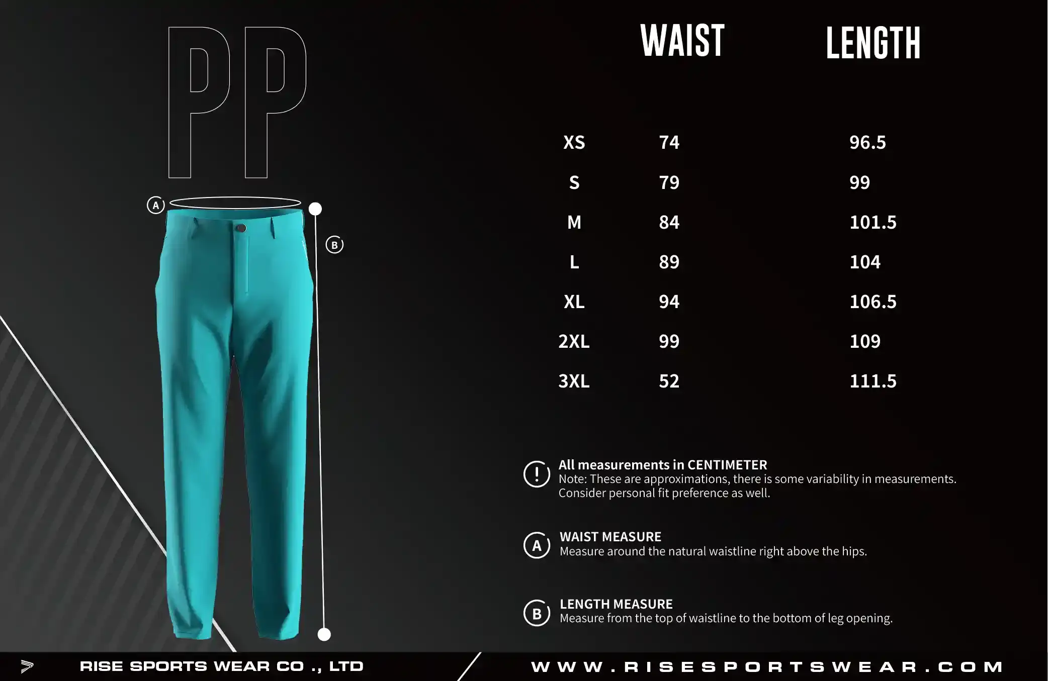 Adult size chart of golf casual straight five pocket performance pants 2.0 for men