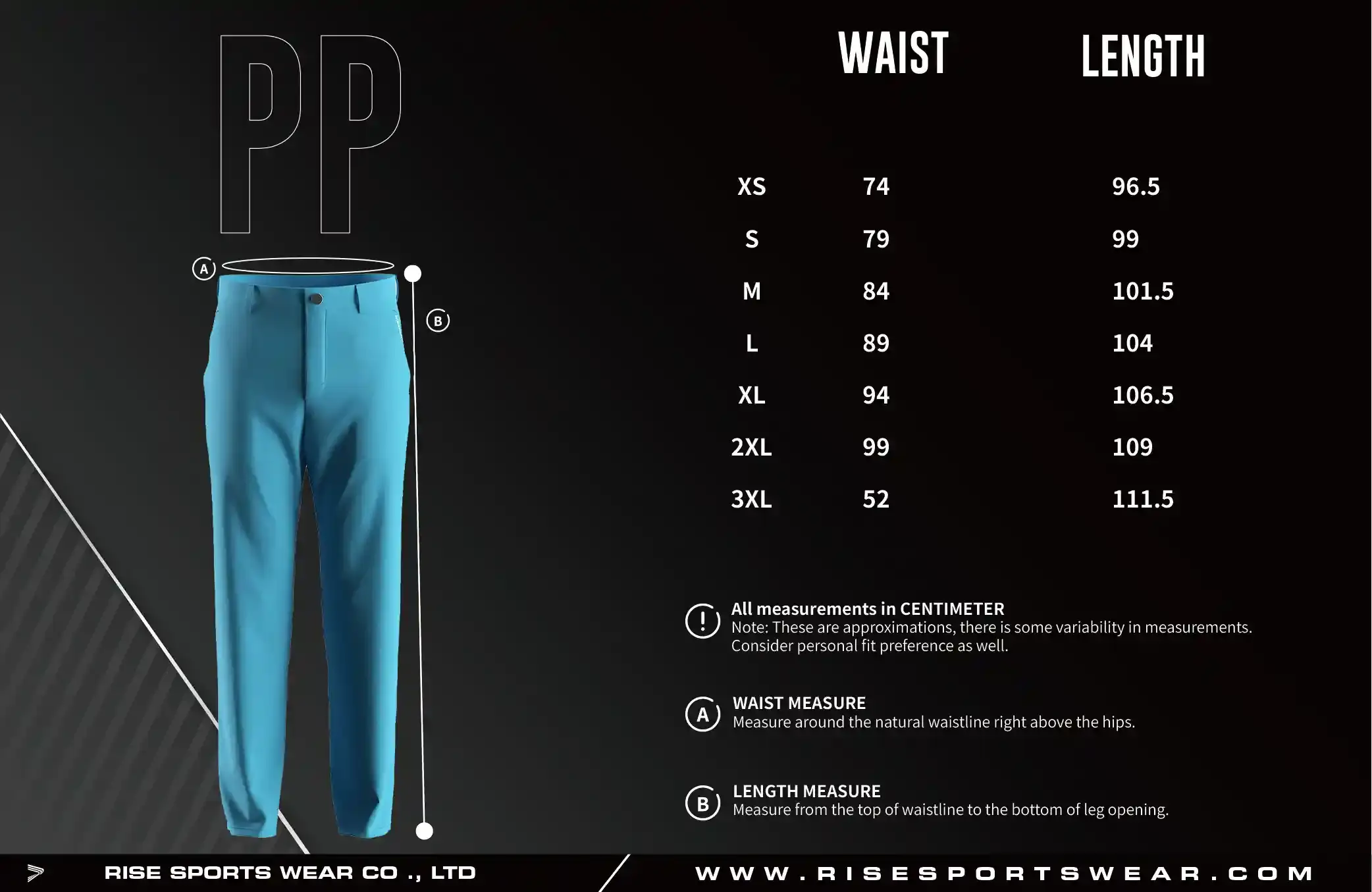 Adult size chart of golf casual straight five pocket performance pants 2.0 for men