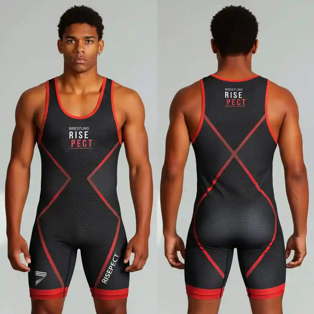 The Front And Back of Male Model in HIDDEN POWER RED BLACK GRAGIENT WRESTLING SINGLETS