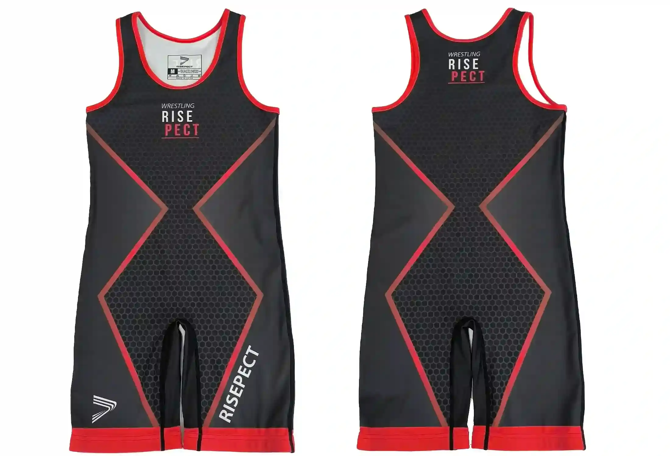 Flat-lay photo of HIDDEN POWER RED BLACK GRAGIENT WRESTLING SINGLETS