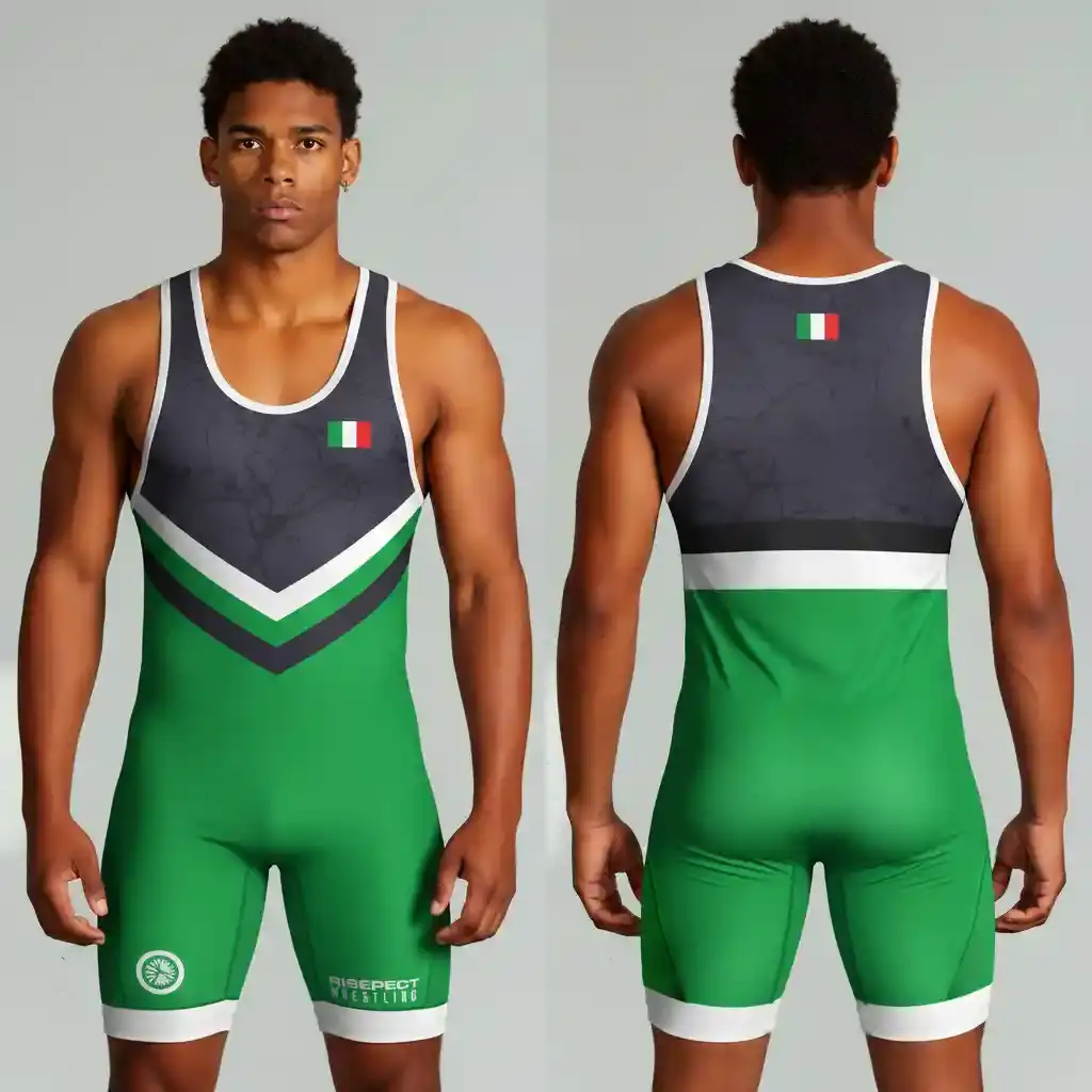 The Front And Back of Italy Marble Green Wrestling Singlet