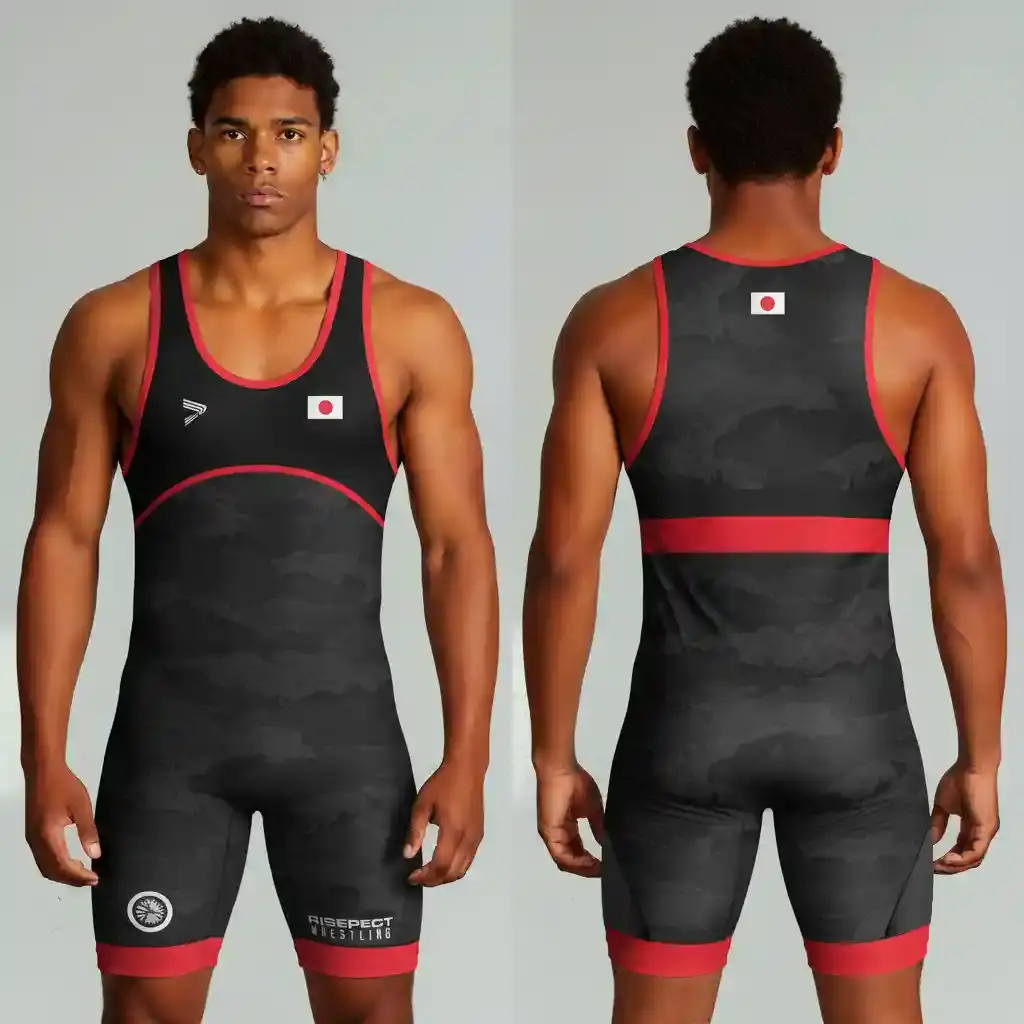 The Front And Back of Japan Black Wave Burgundy Trim Wrestling Singlet