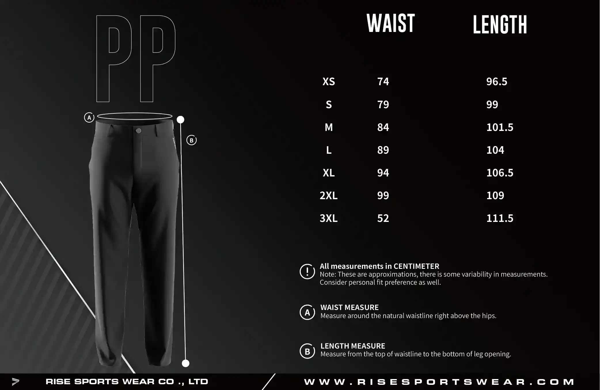 Adult size chart of golf casual straight five pocket performance pants 2.0 for men