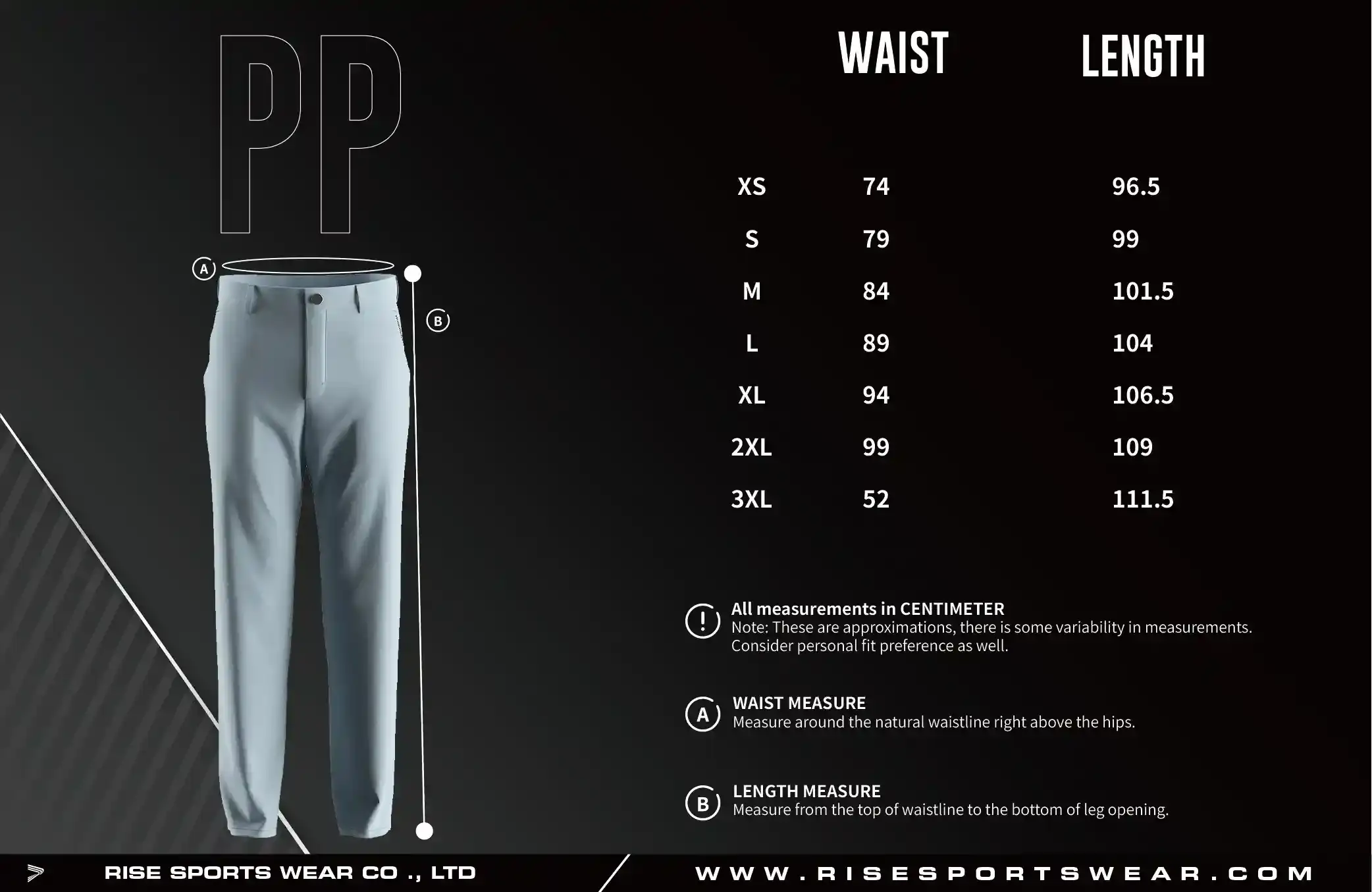 Adult size chart of golf casual straight five pocket performance pants 2.0 for men