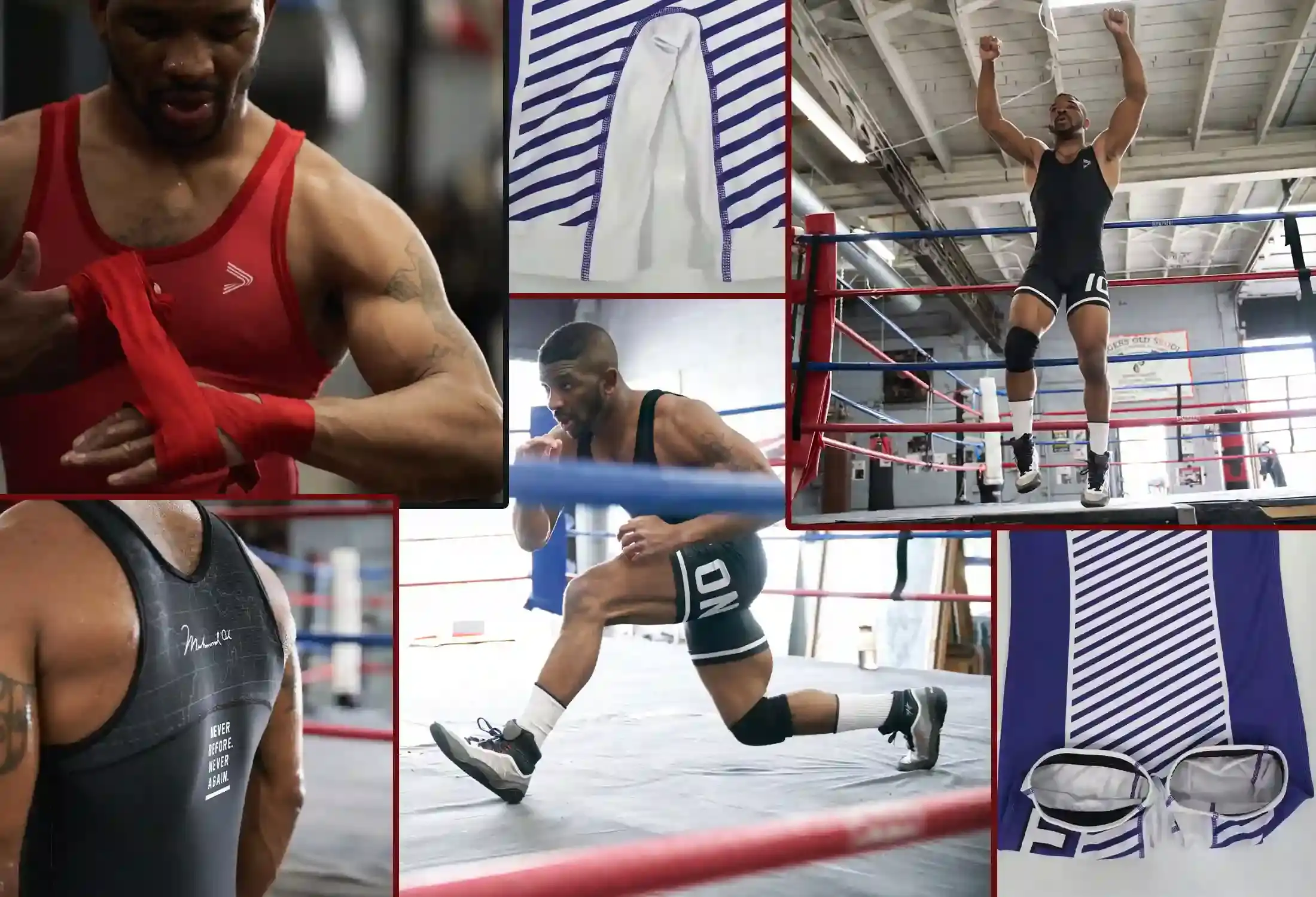 Collage of a wrestler in action wearing a custom wrestling singlet, plus detail shots of anti-slip leg opening, widened crotch panel, and flatlock stitching.