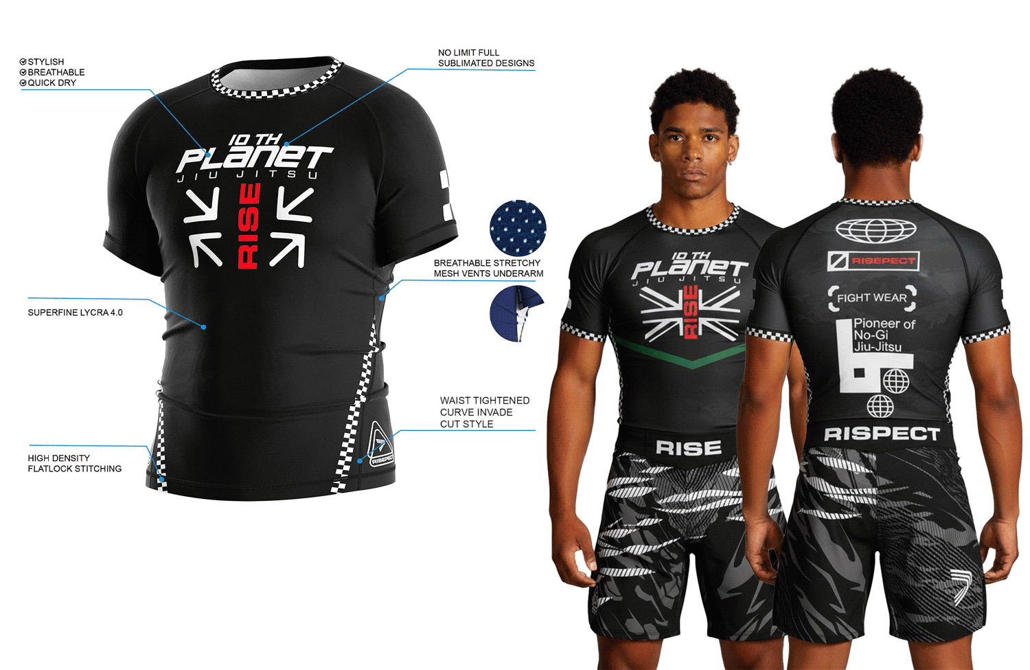 Men's short sleeve rash guard with underarm mesh ventilation, front and back view showing ergonomic cut and design features.