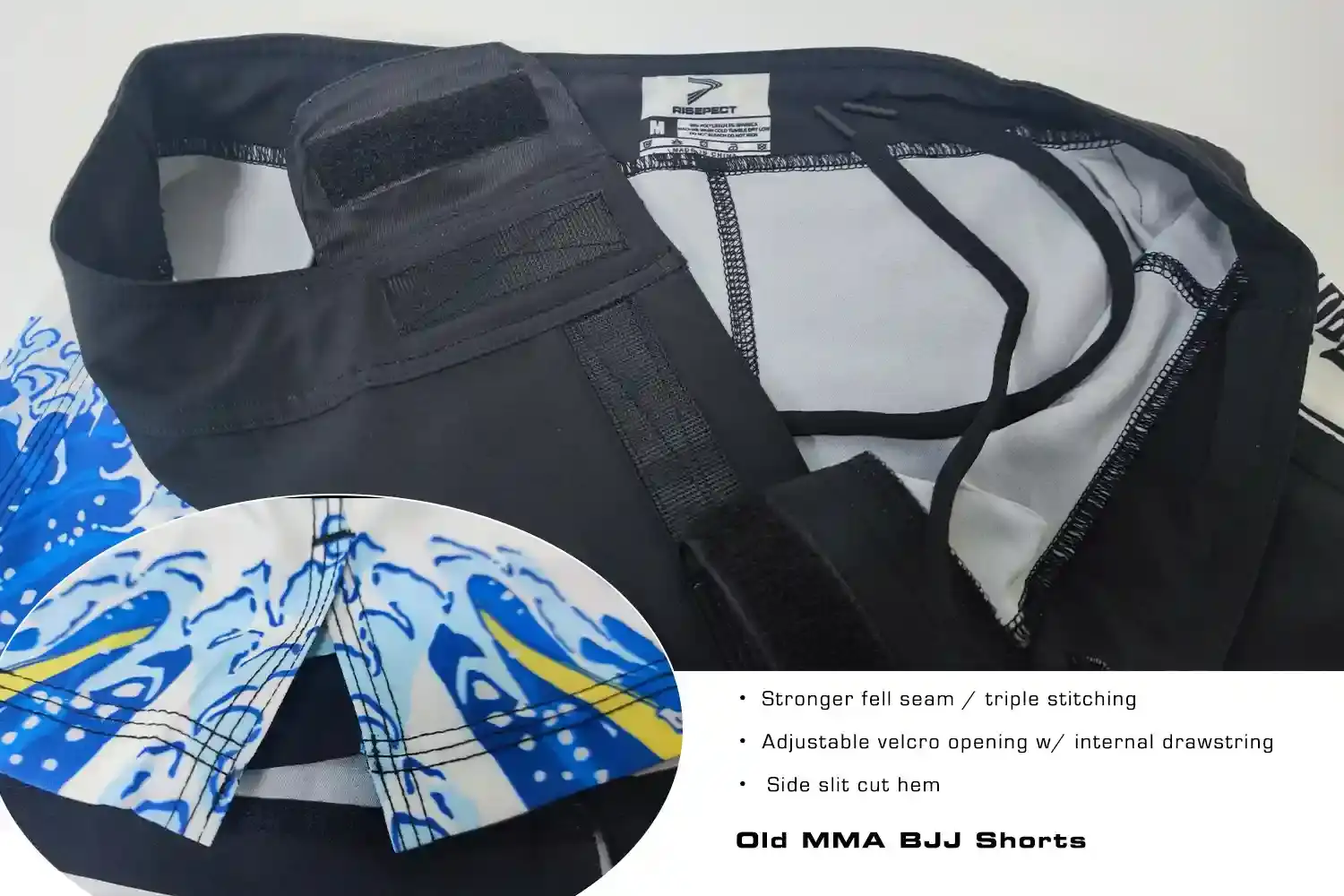 Old Velcro-closure MMA BJJ shorts' Details: waist, side slits, triple stitching and other details