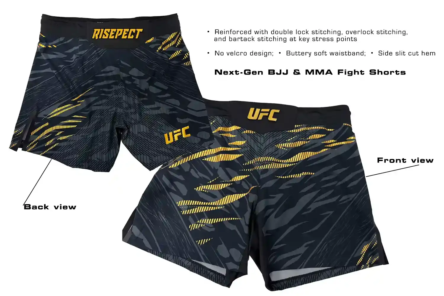 New no-velcro MMA BJJ shorts' Details: front and back