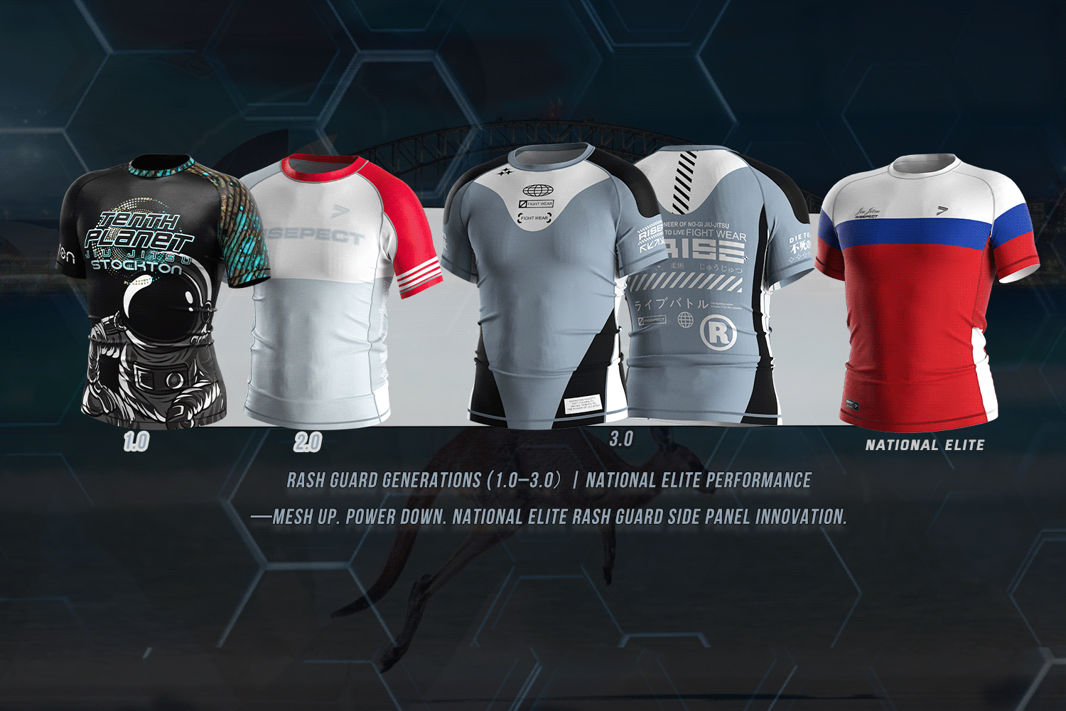 Rash Guard Generations (1.0–3.0) | National Elite Performance — Mesh Up. Power Down. National Elite Rash Guard Side Panel Innovation.