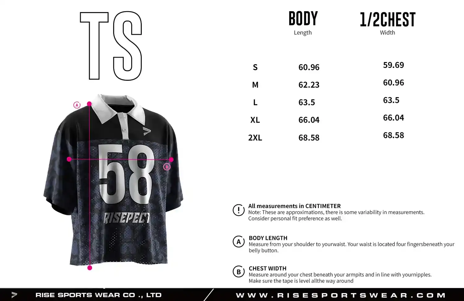 Men's Sizes Chart of navy and black polo collar American football shirt