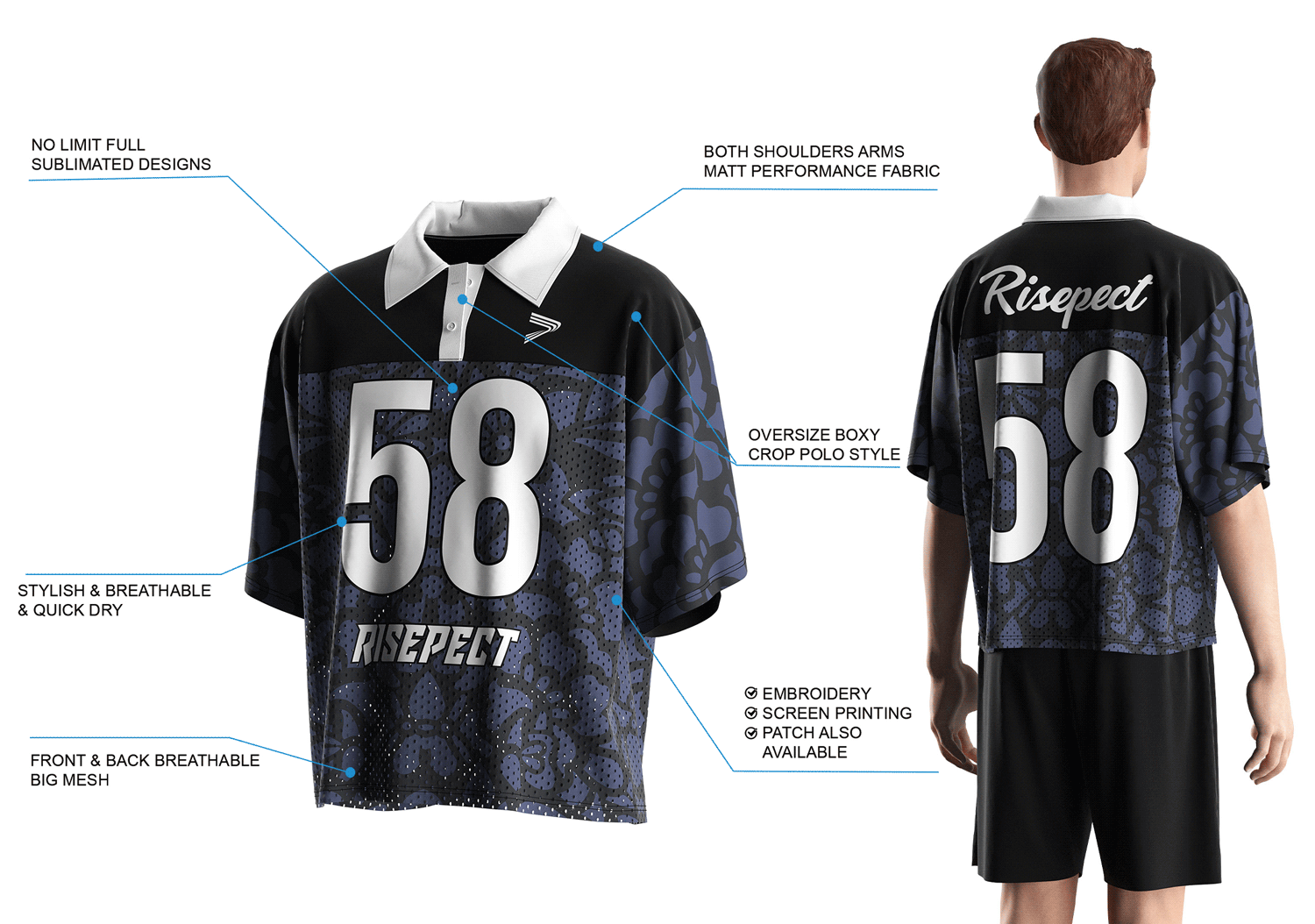 Details Features of navy and black polo collar American football shirt