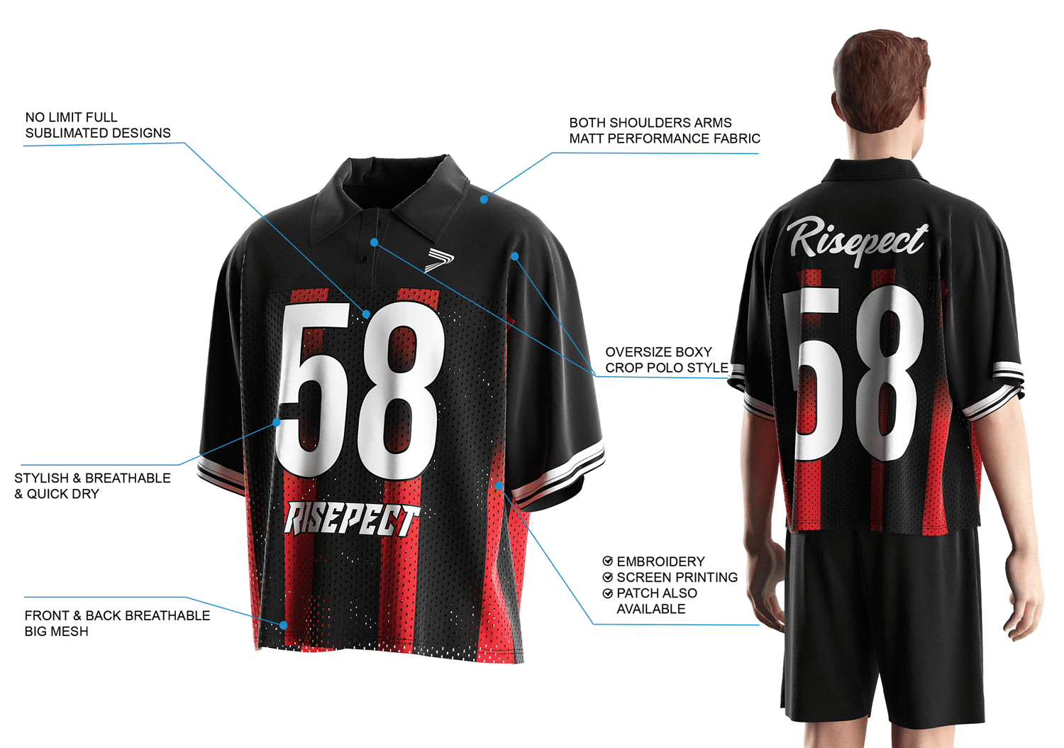 Details Feature of red and black striped polo collar American football t shirt