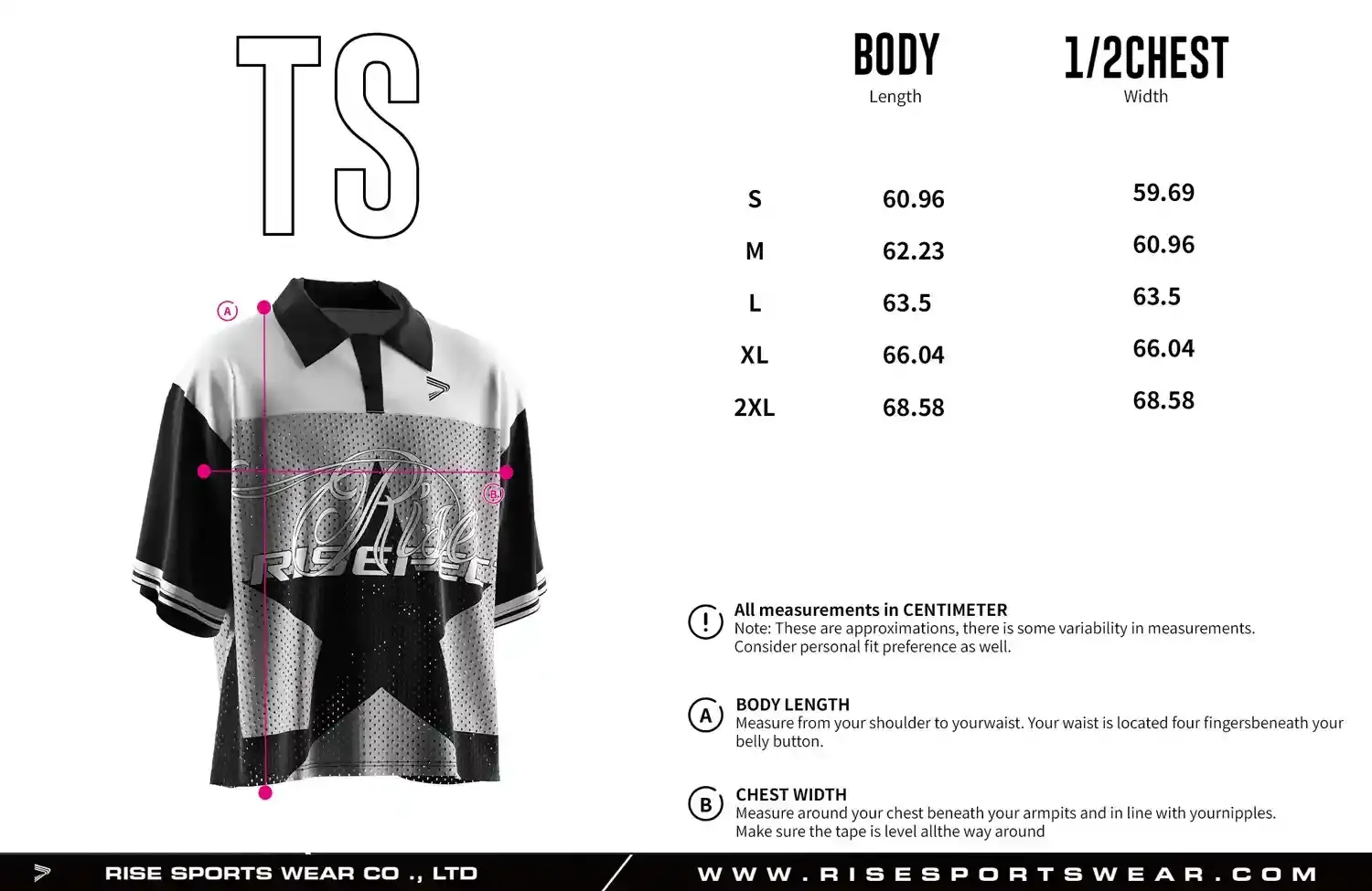 Men's Sizes Chart of black and white star-pattern polo collar t shirt football American