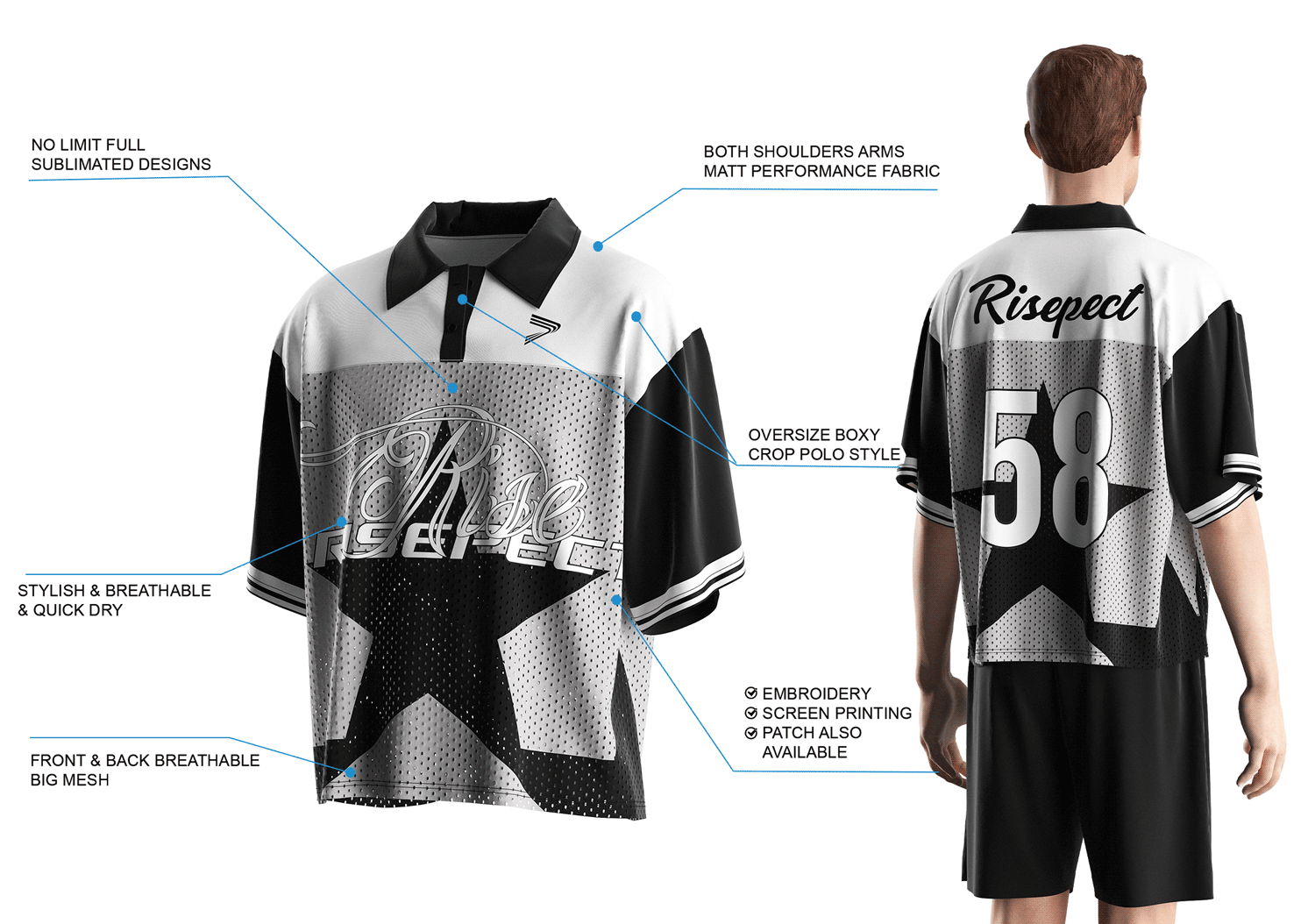Details Features of black and white star-pattern polo collar t shirt football American