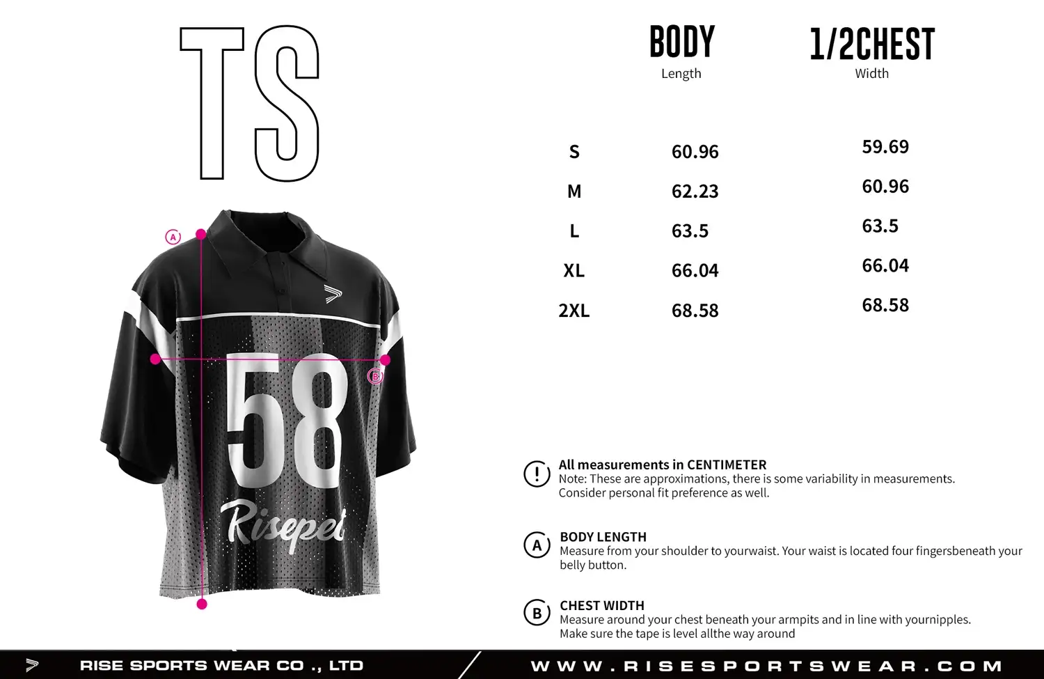 Men's Sizes Chart of black and white USA football jersey with polo collar