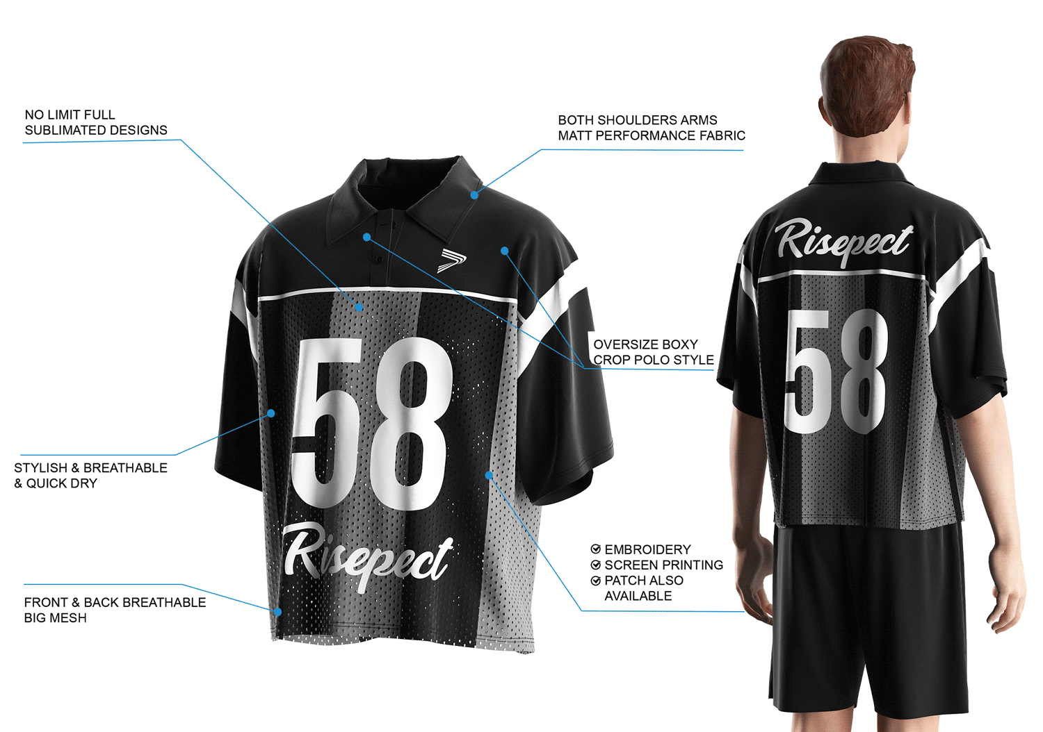 Details Feature of black and white USA football jersey with polo collar