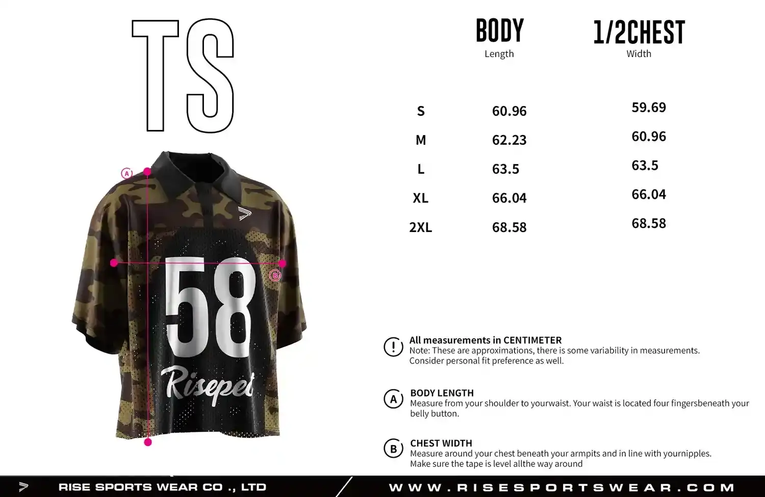 Men's Sizes Chart of army green camo American football jersey with polo collar