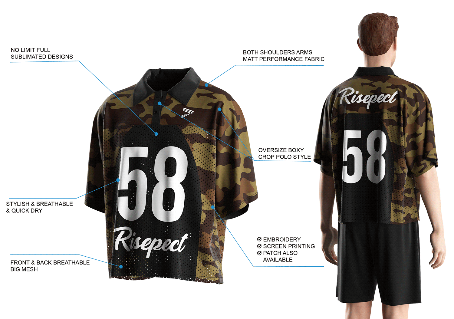 Details Feature of army green camo American football jersey with polo collar