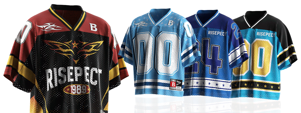 V-Neck American Football Jersey with a highlighted neckline design displayed alongside three other front-view jerseys featuring unique sublimation print patterns, showcasing customizable styles for performance and streetwear collections.