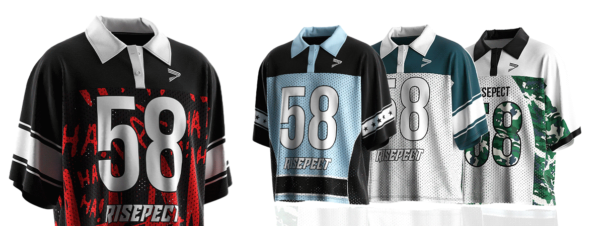 Polo Collar American Football Jersey with a highlighted collar design displayed alongside three other front-view jerseys featuring different sublimation print patterns, showing customization and style variety for teamwear and streetwear collections.